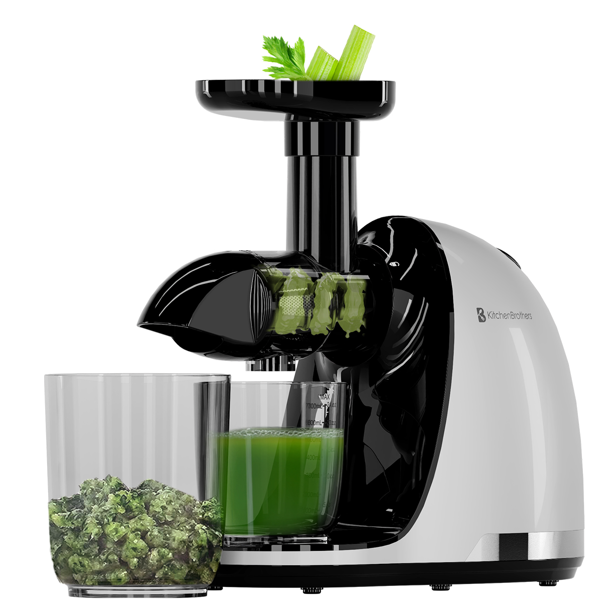 A kitchen appliance, juicer. It is white and black, with a container for juice and pulp.