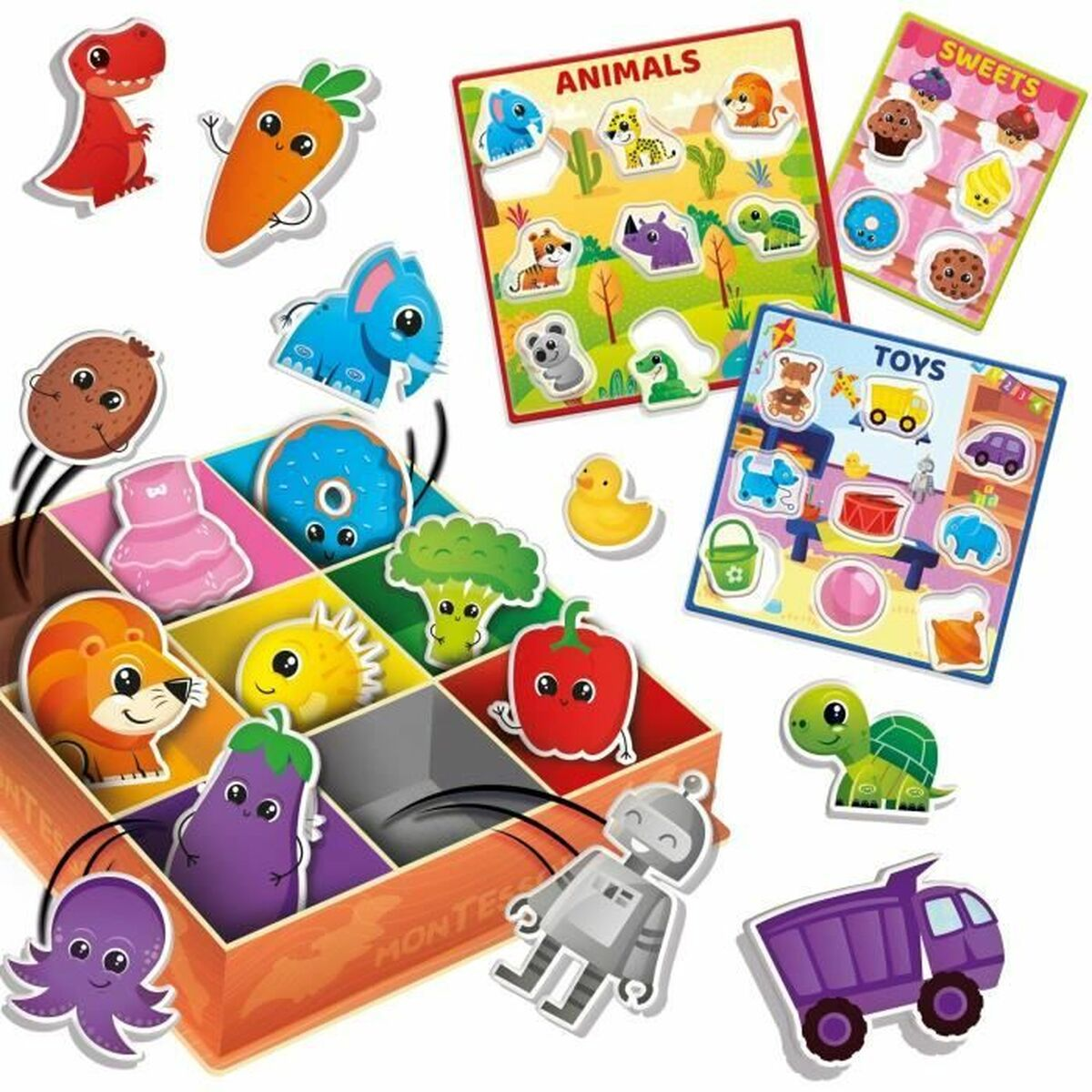 Holzspielzeugkiste mit Spielfiguren: Tiere, Süßigkeiten, Spielzeug. Verschiedene bunte Formen und Gegenstände.