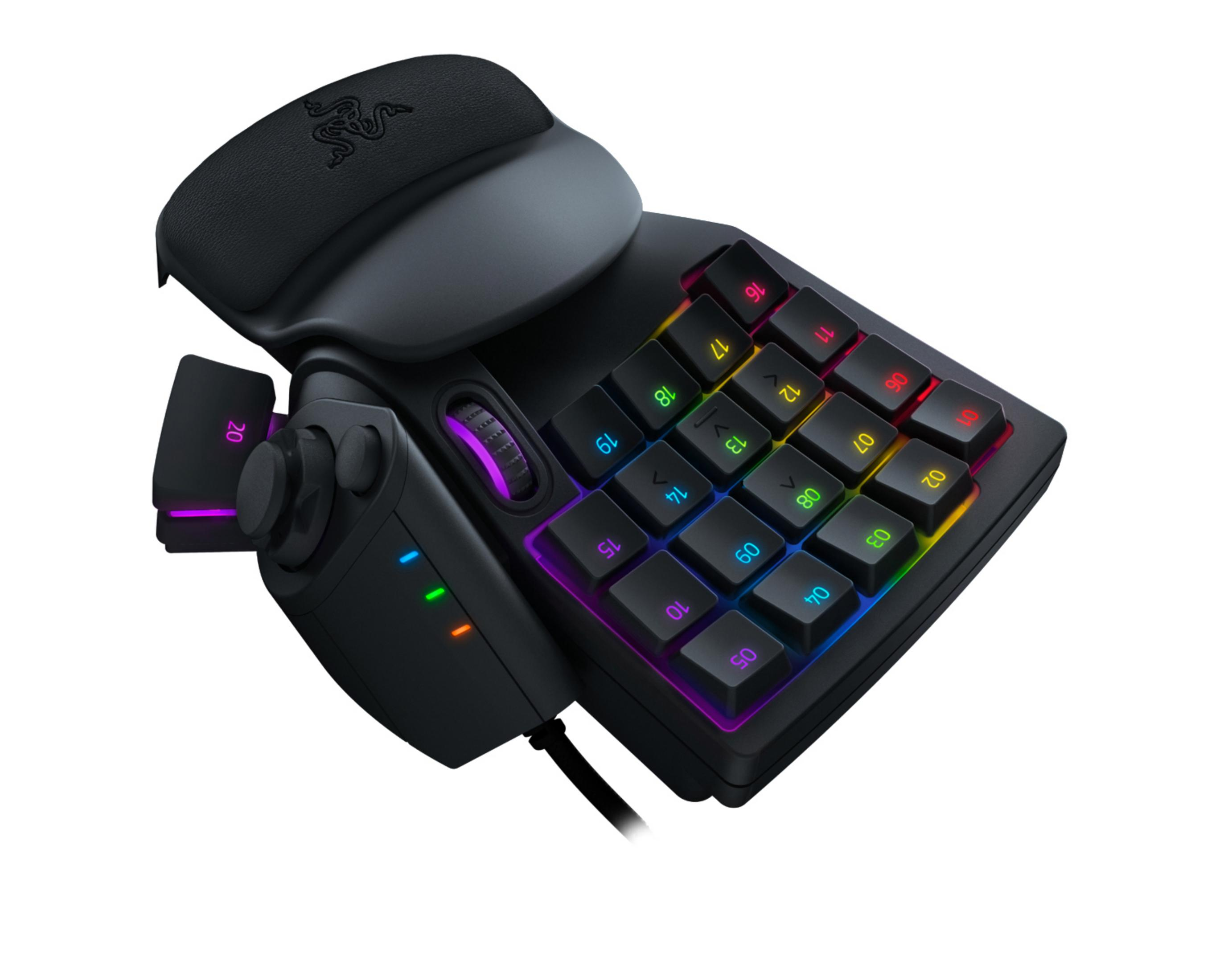 Schwarzes Gaming-Keypad mit bunten beleuchteten Tasten und einem Joystick.
