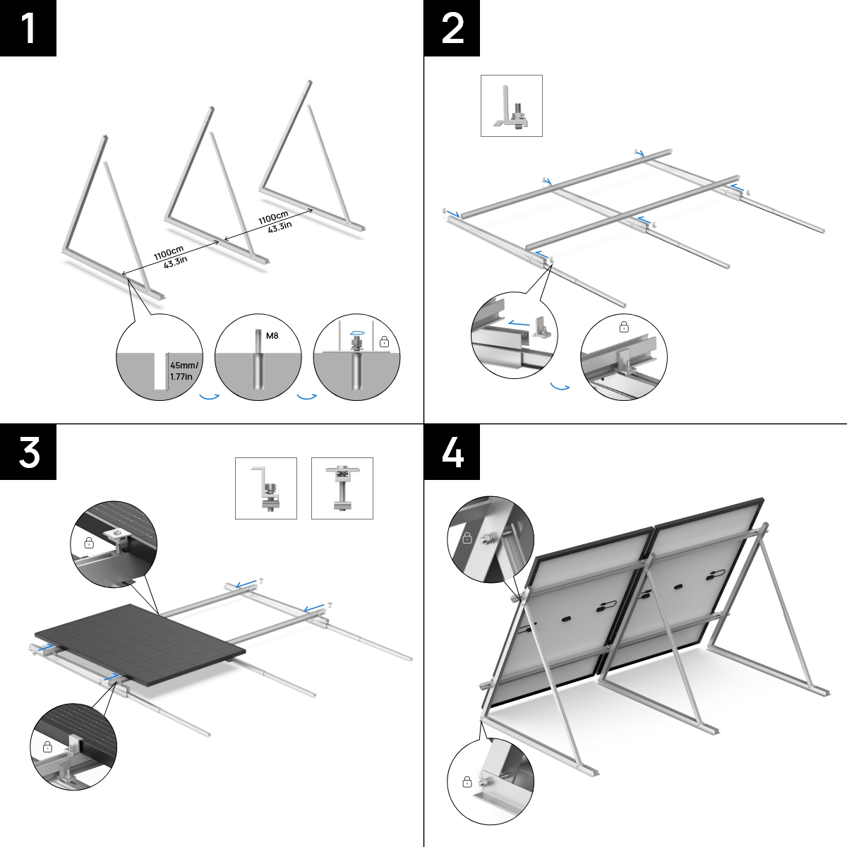 Diagramm mit Schritten zur Installation von Solarmodulen: Rahmen, Montage und Platzierung der Paneele.