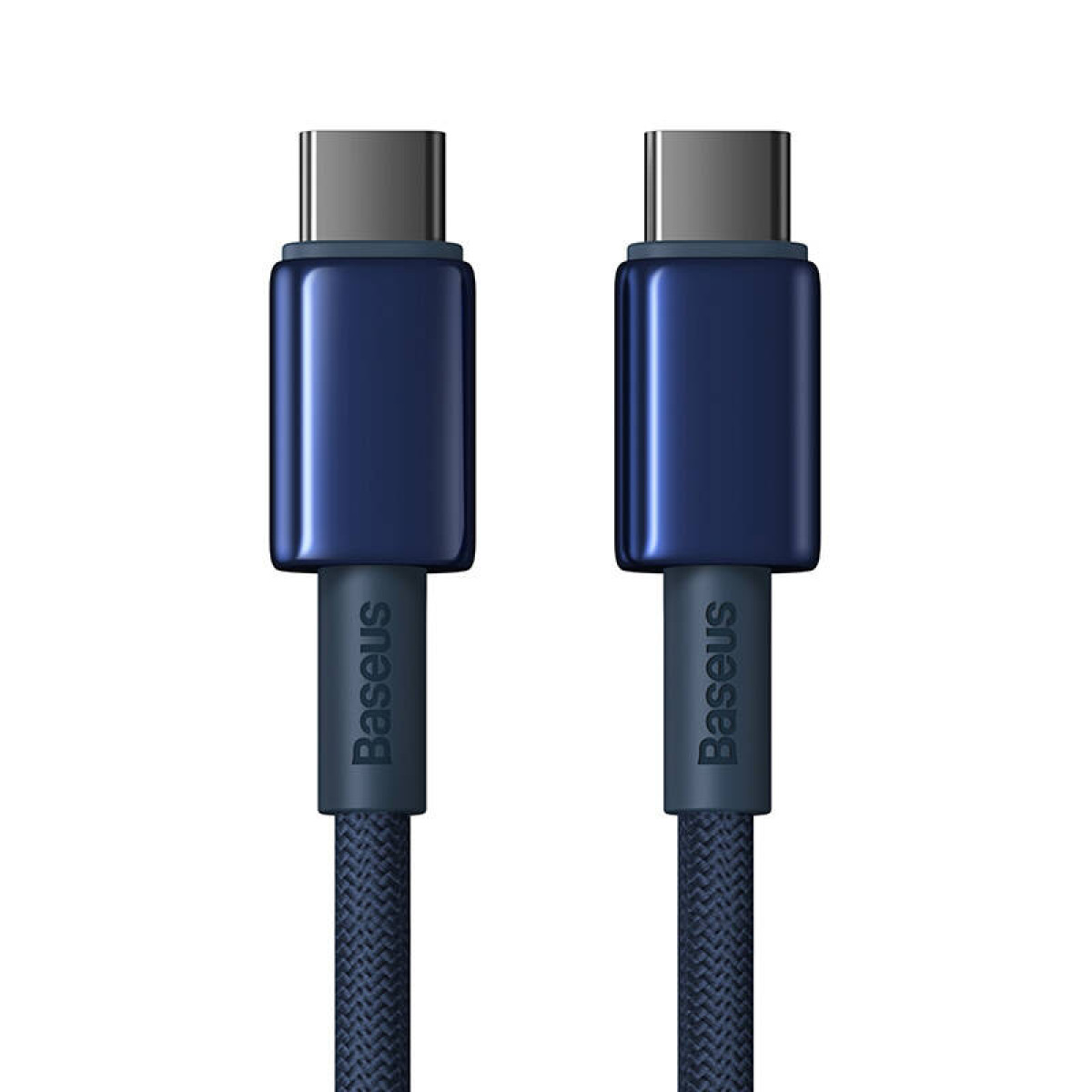 Due cavi USB-C Baseus blu. Ognuno ha un connettore blu e un cavo intrecciato blu scuro.