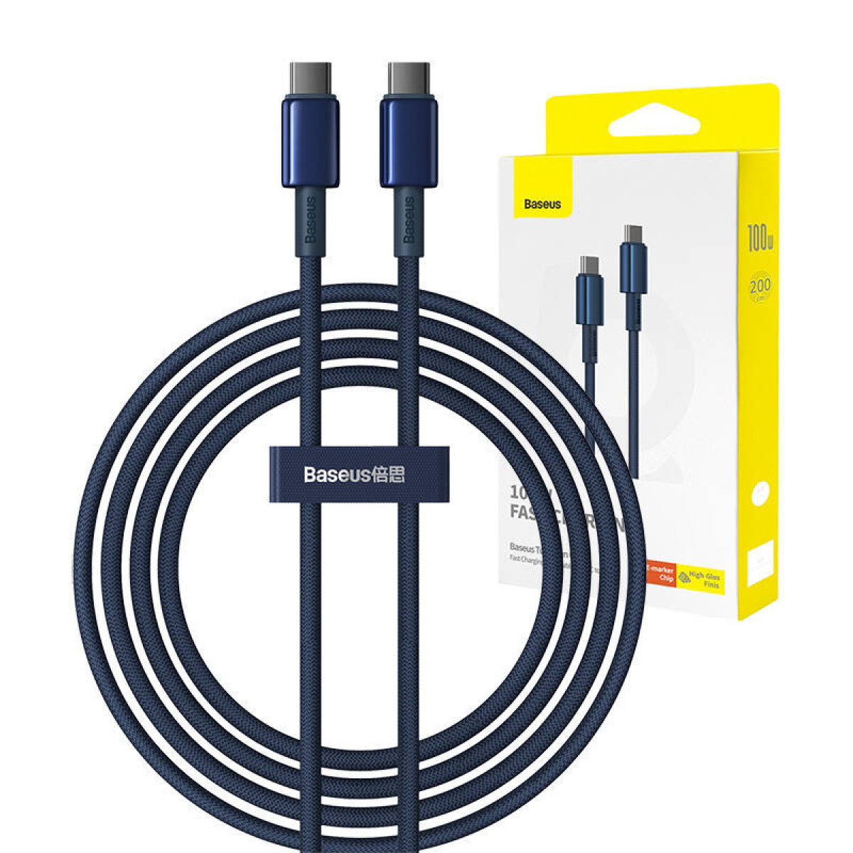 Due cavi USB-C blu, arrotolati, con marchio Baseus e confezione del prodotto.