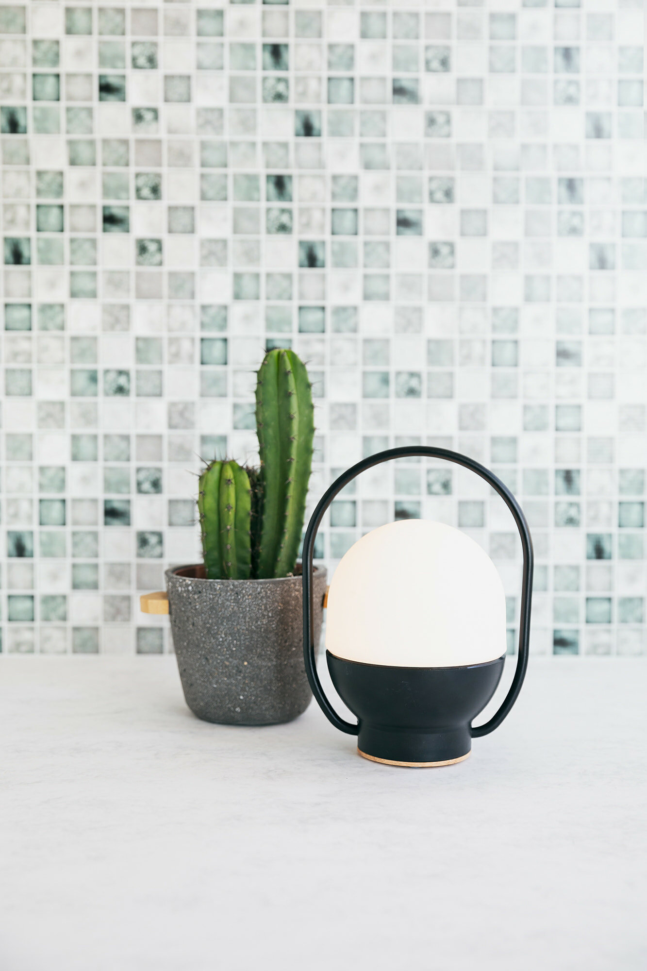 Un cactus in vaso e una lampada moderna su superficie bianca, parete a mosaico.