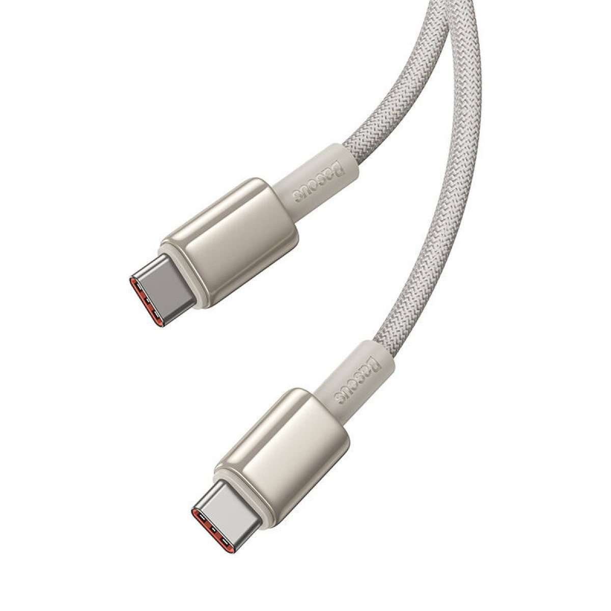 Dwa kable USB-C, srebrne złącza, czerwone końcówki, szary pleciony przewód, marka Baseus.