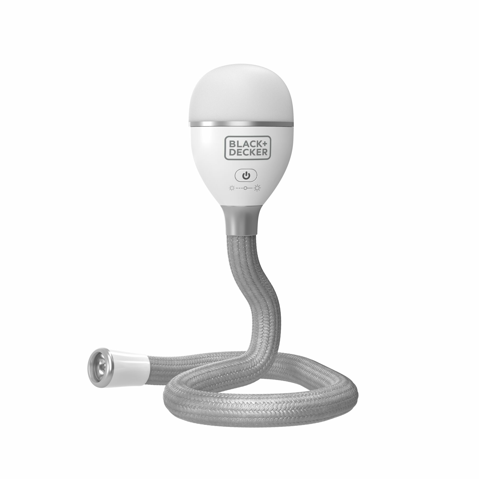 Lampe flexible blanche et argentée avec col de cygne et tête de lumière ronde.