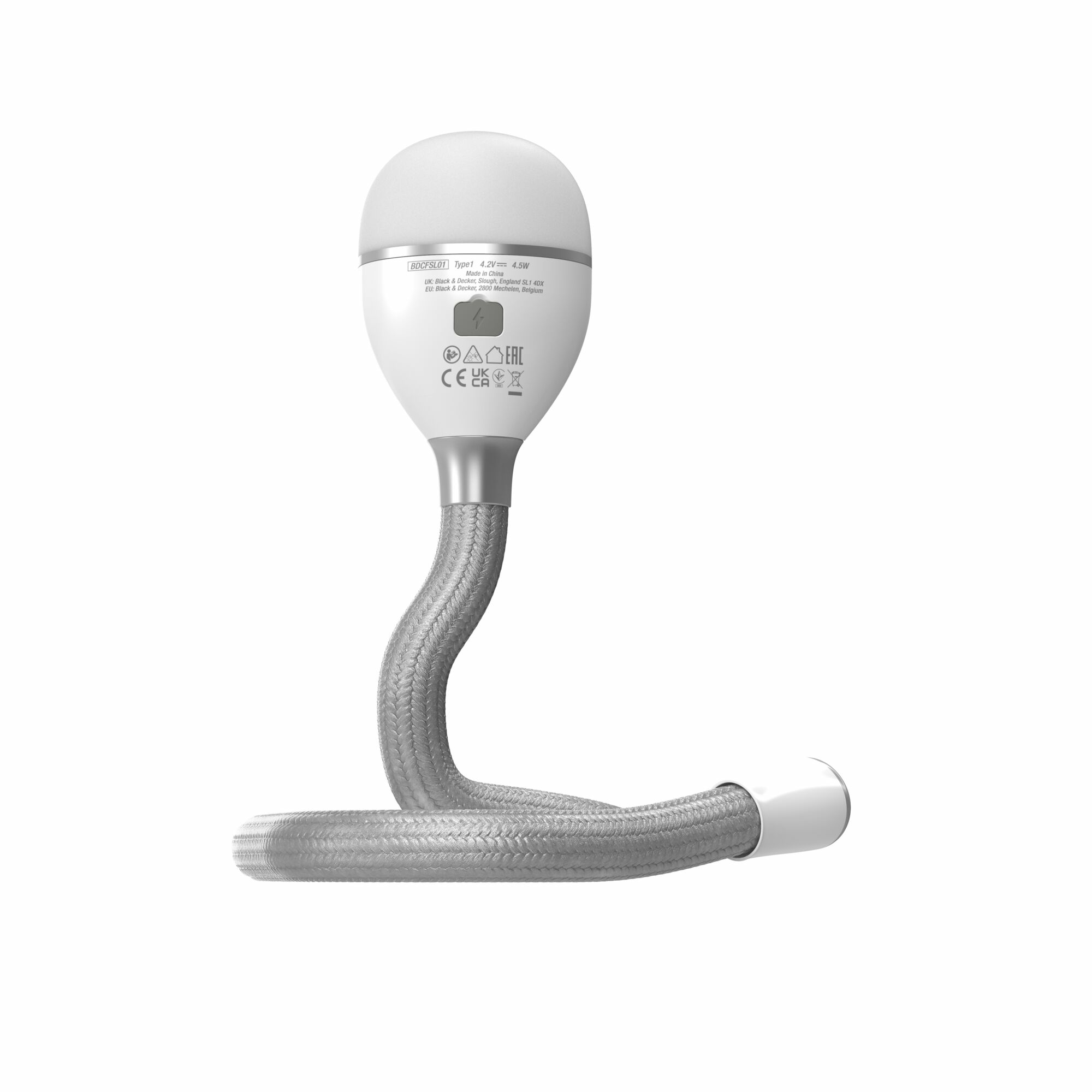 Une lampe blanche avec un bras flexible, gris et tissé. Une ampoule blanche en haut.