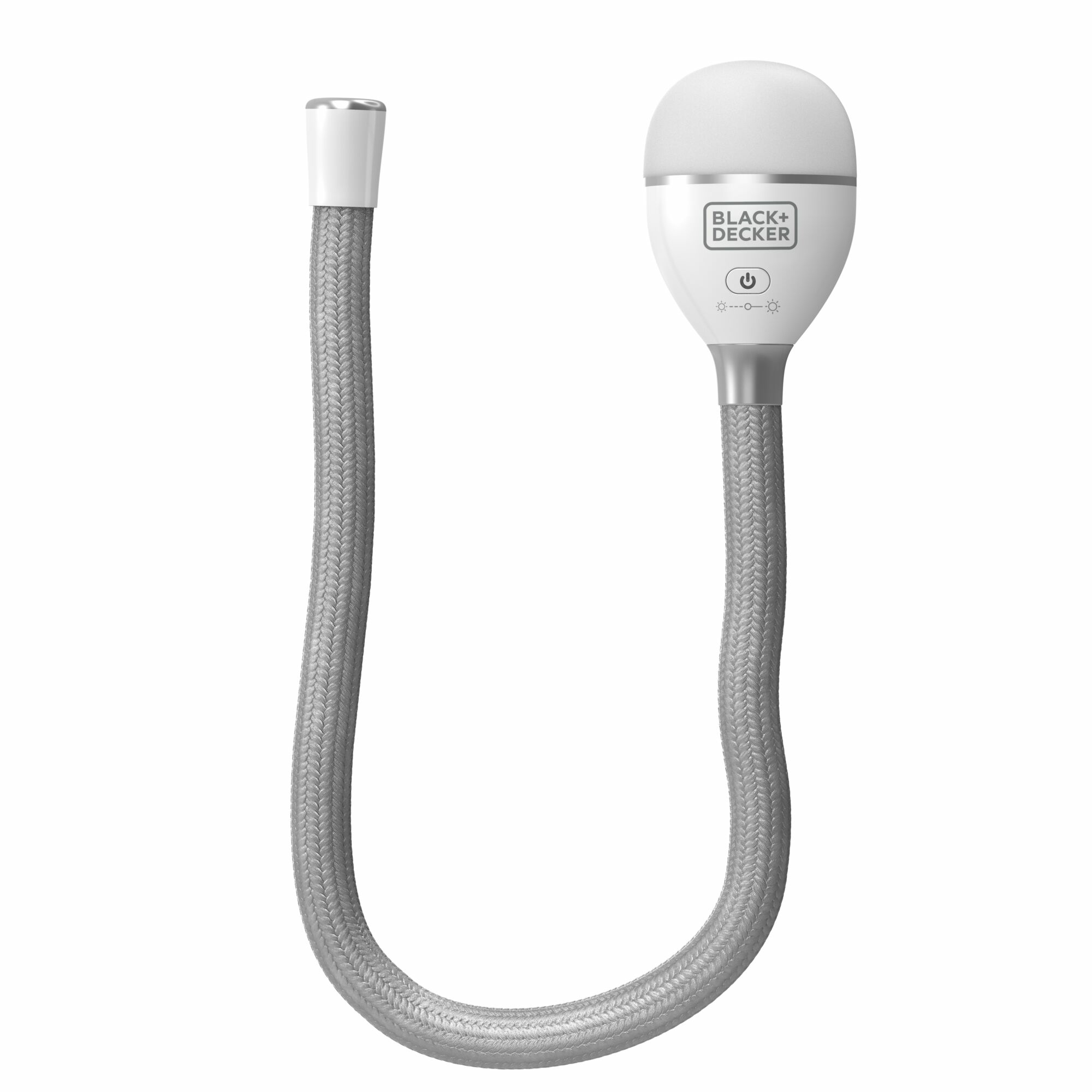 Lampe flexible avec ampoule blanche et câble tressé argenté.