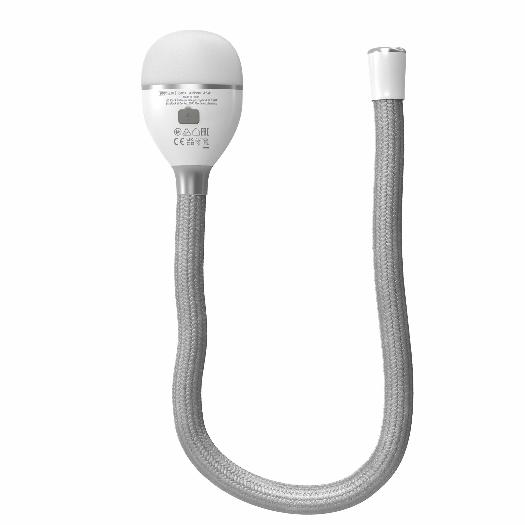 Lampe de bureau LED blanche flexible avec col tressé gris et base blanche.