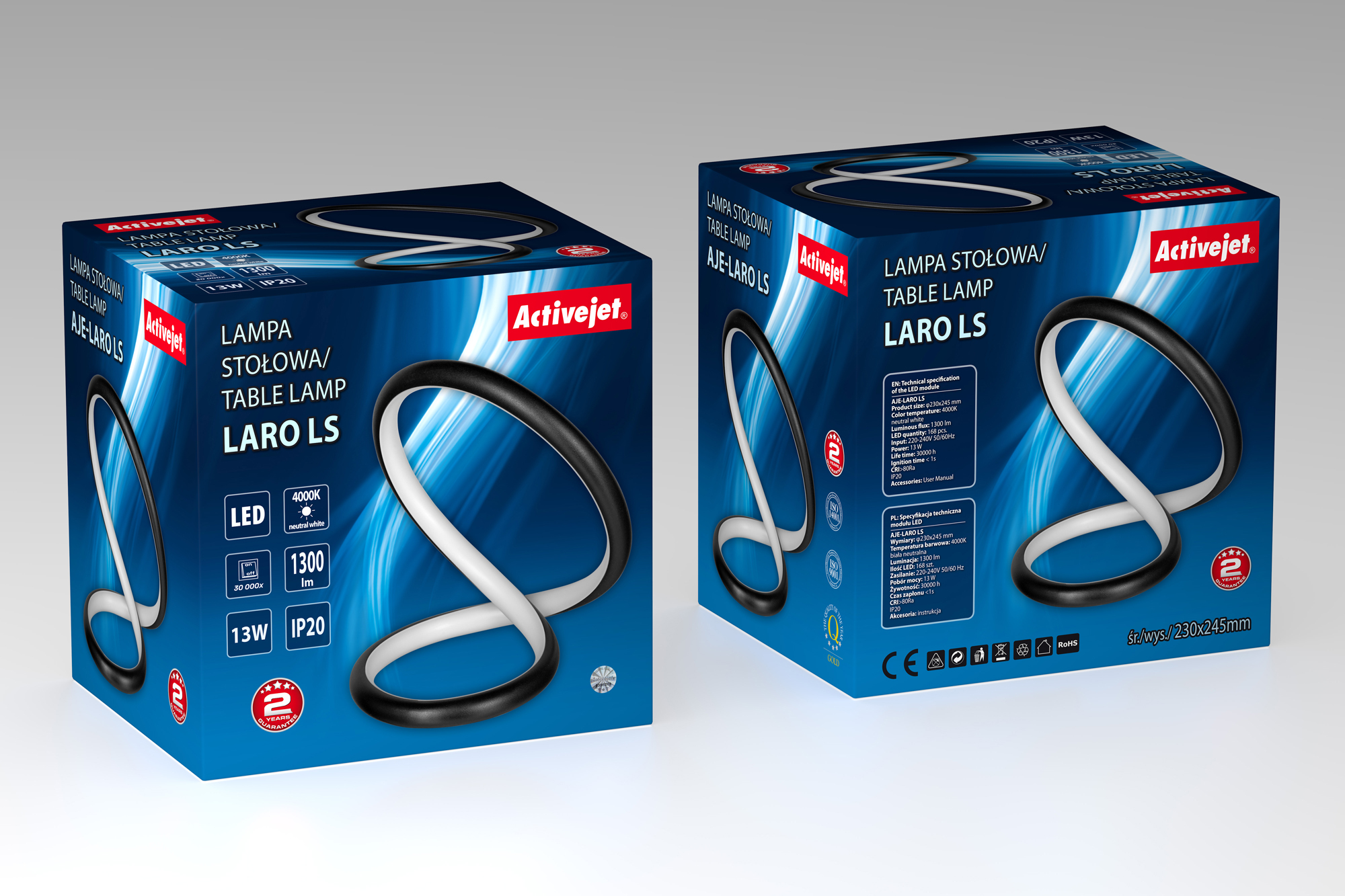 Dos cajas con un diseño de lámpara de mesa. La lámpara tiene luz blanca curva y base negra.