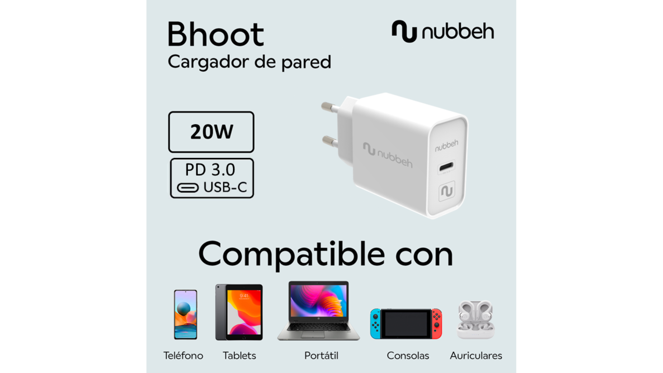 Cargador de pared blanco con puerto USB-C, teléfono, tableta, portátil, Switch y auriculares. Fondo blanco.