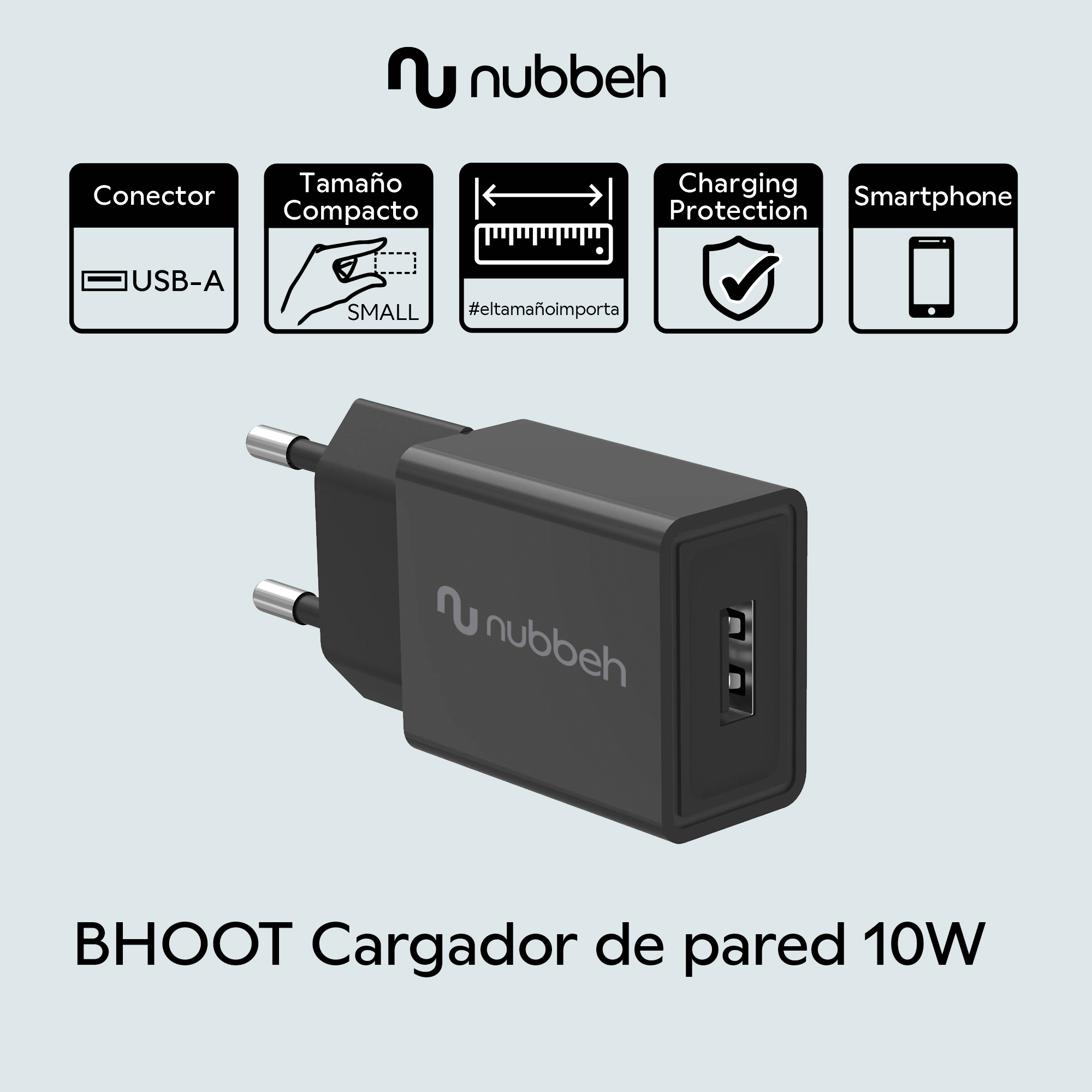 Un cargador Nubbeh negro con puerto USB-A y diseño compacto. Texto en el cargador.