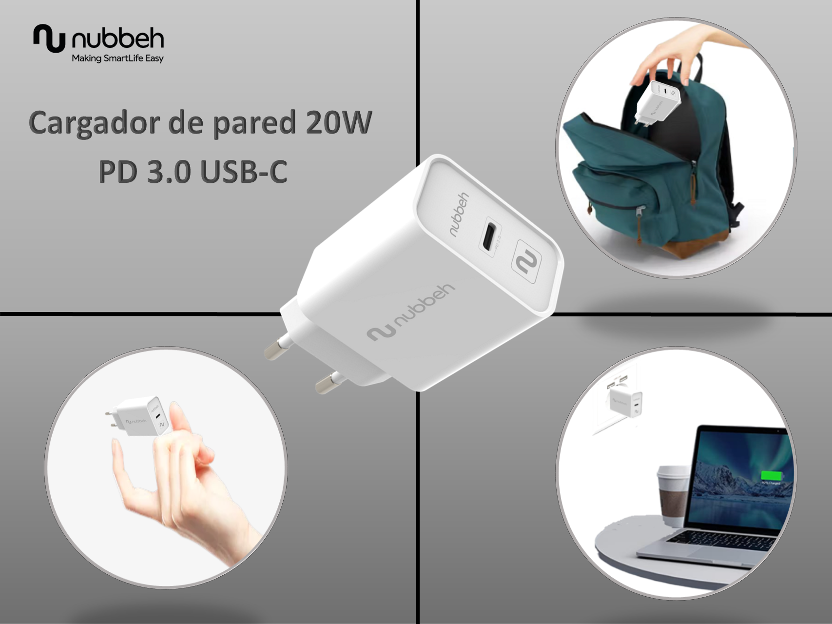 Un cargador blanco en la mano, un portátil y una bolsa donde se coloca el cargador.