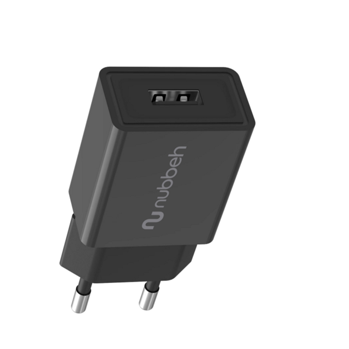 Cargador Nubbeh negro con puerto USB. Marca impresa al frente.
