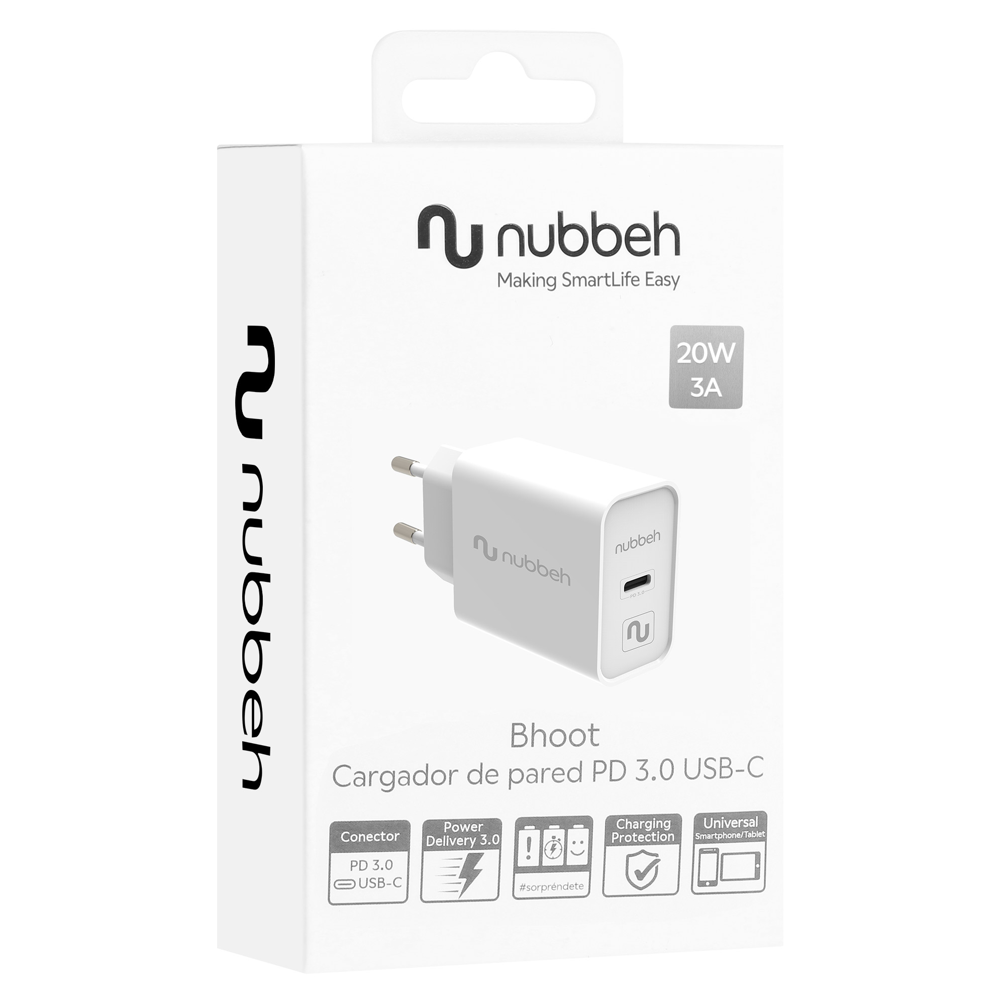 Un cargador Nubbeh blanco con puerto USB-C y enchufe.