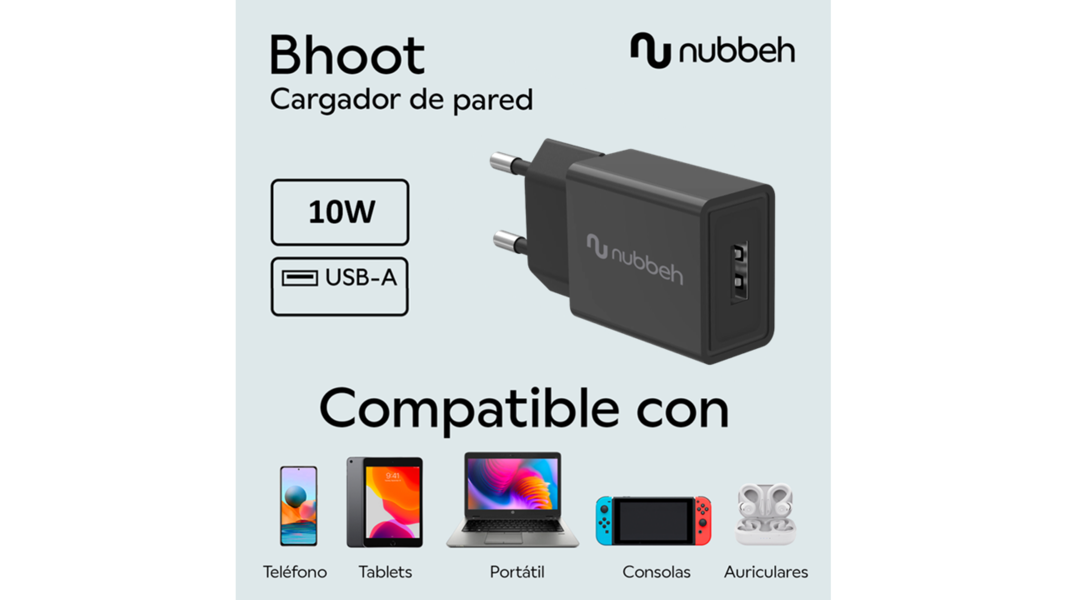 Cargador de pared Nubbeh negro con puerto USB-A. Se muestran dispositivos compatibles.