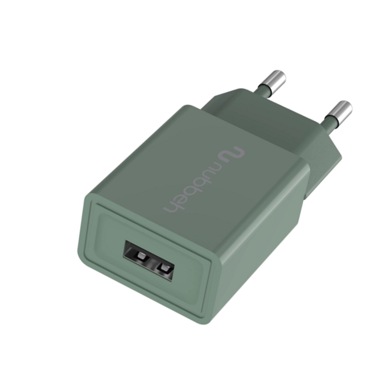 Un cargador verde con puerto USB. La marca 'nubben' está en el cargador.
