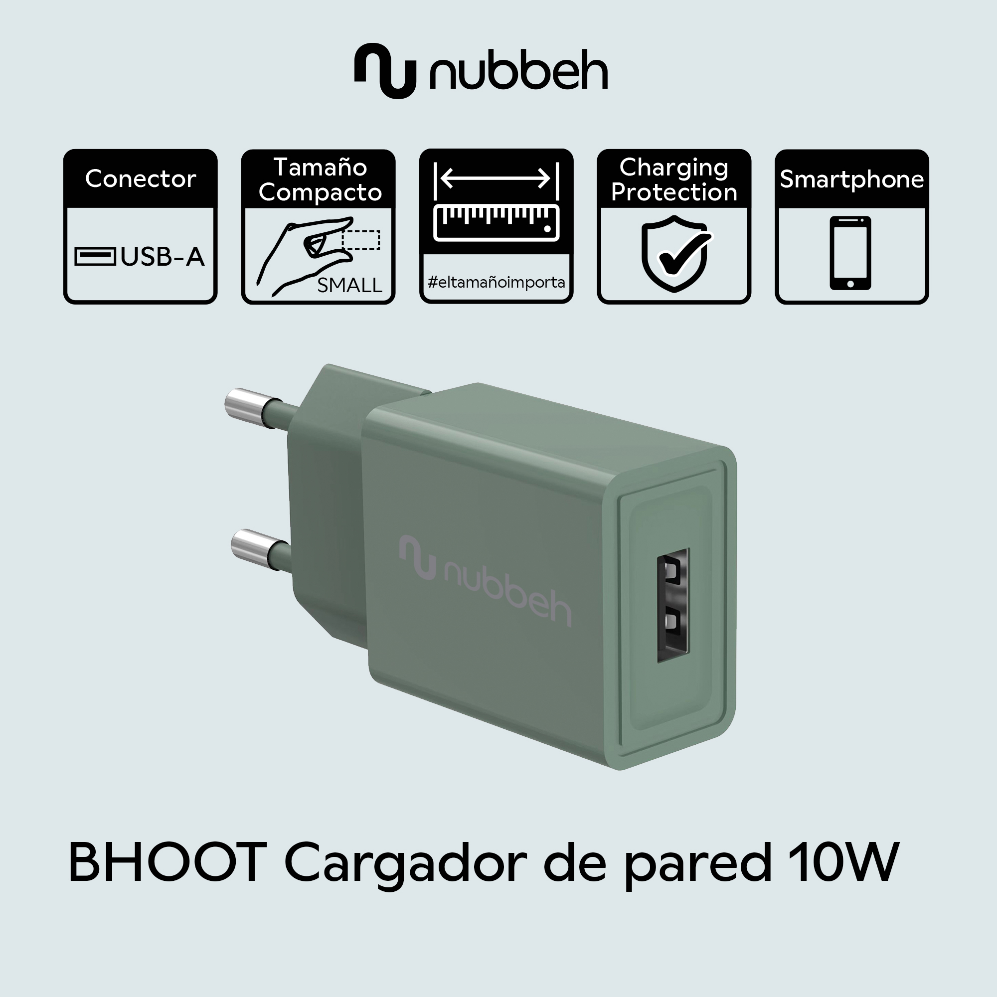 Cargador de pared verde con puerto USB e iconos. Está sobre un fondo blanco.