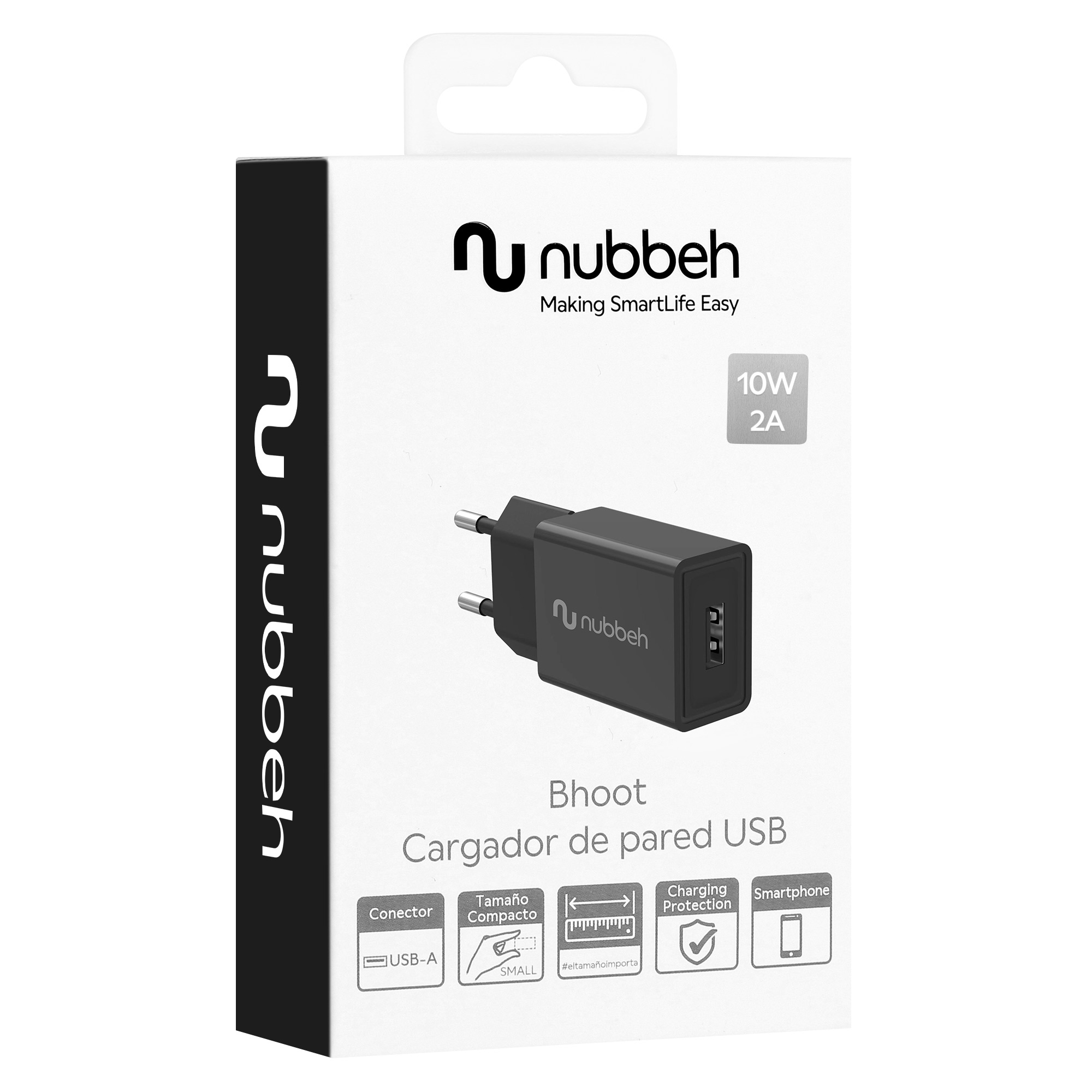 Cargador Nubbeh blanco y negro para smartphones. El cargador tiene dos clavijas y un puerto USB.