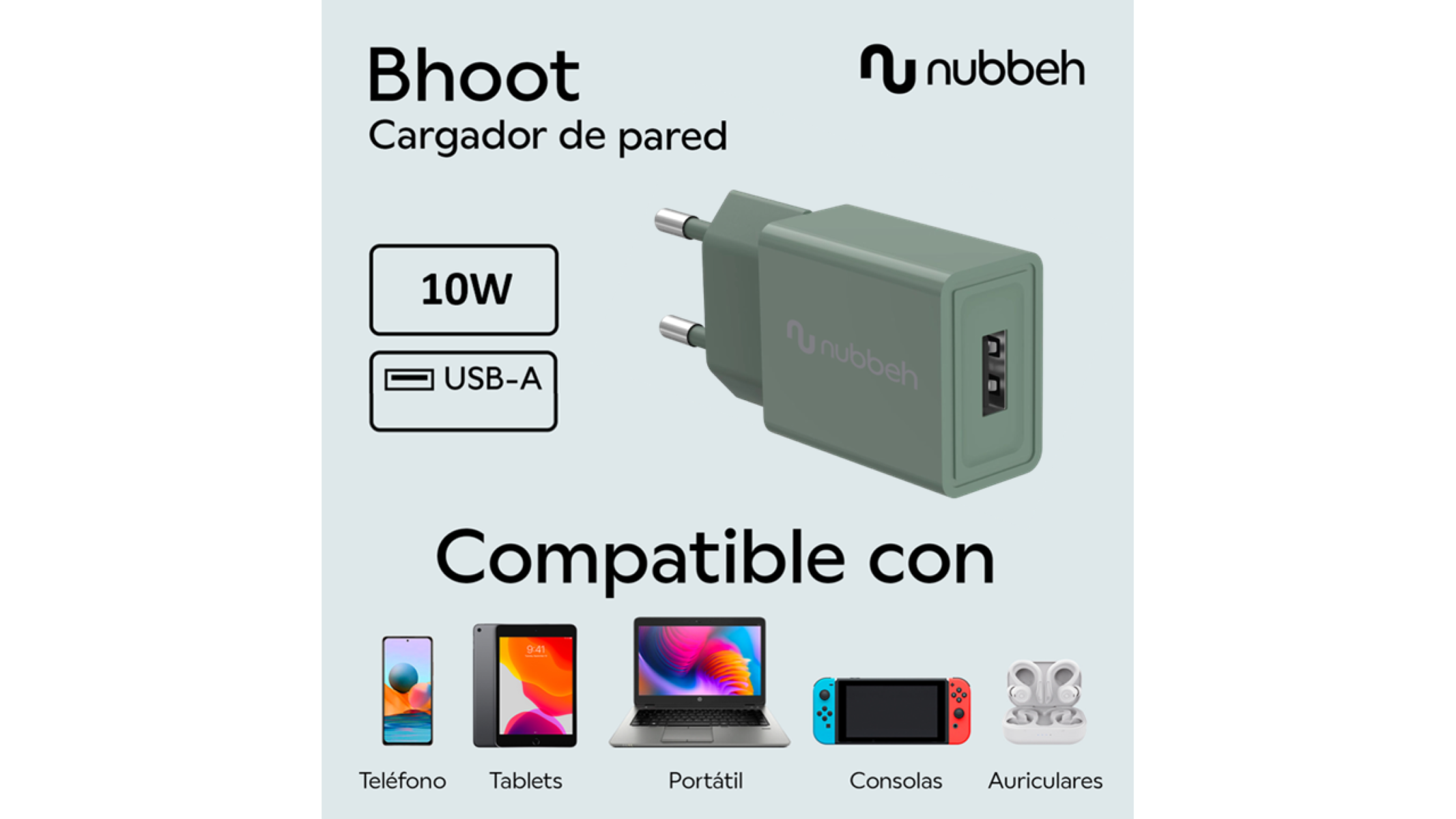 Cargador de pared verde con texto negro. Se muestran los dispositivos compatibles. Tiene un puerto USB-A.