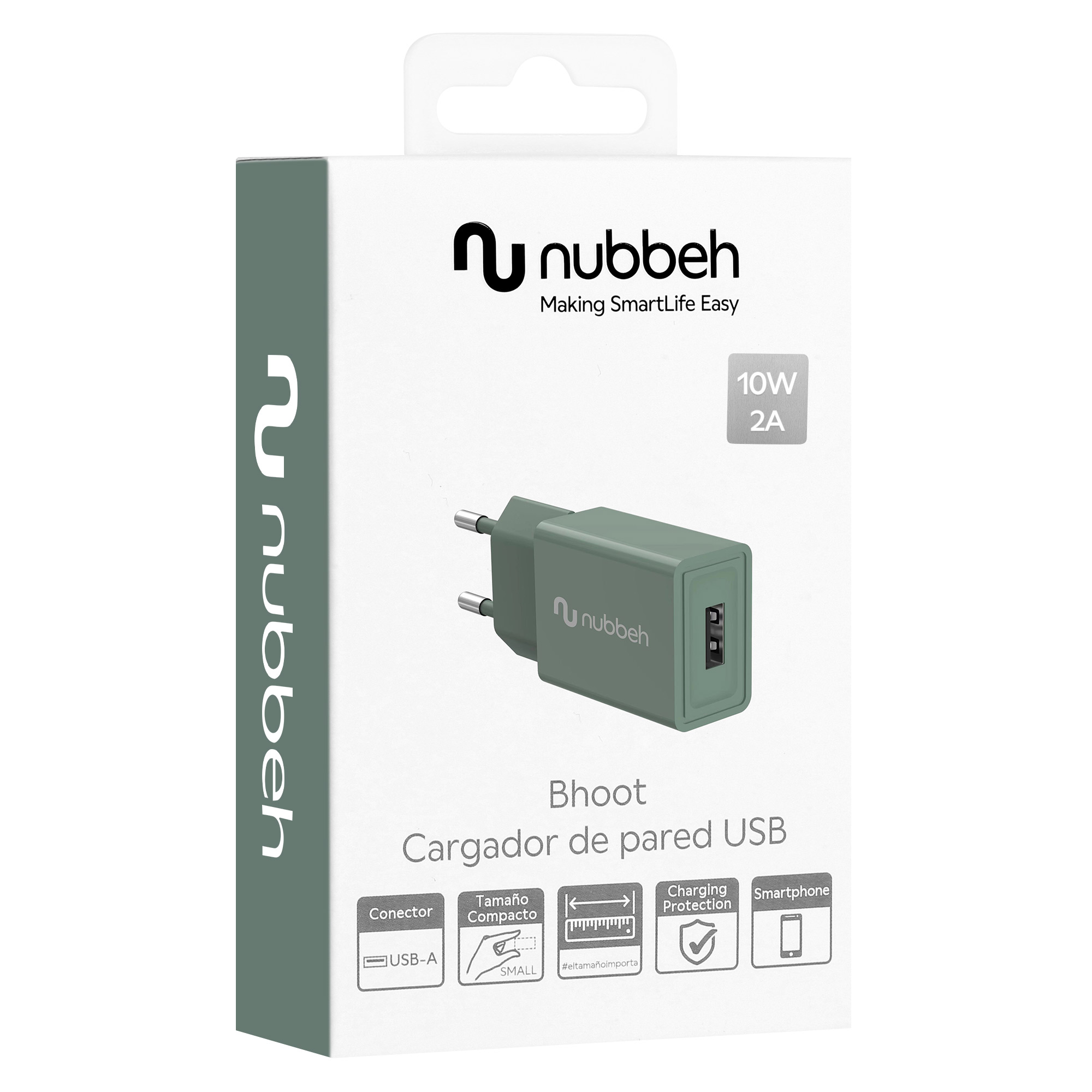 Un cargador de pared USB blanco y gris en una caja, la caja tiene texto y una imagen.