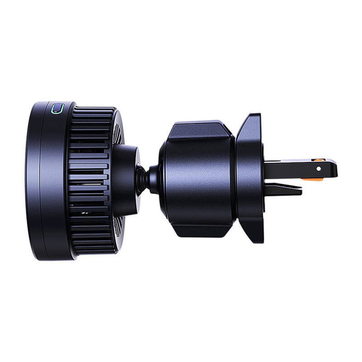 Czarny uchwyt na telefon do kratki wentylacyjnej w samochodzie, z obracaną głowicą i klipsem.