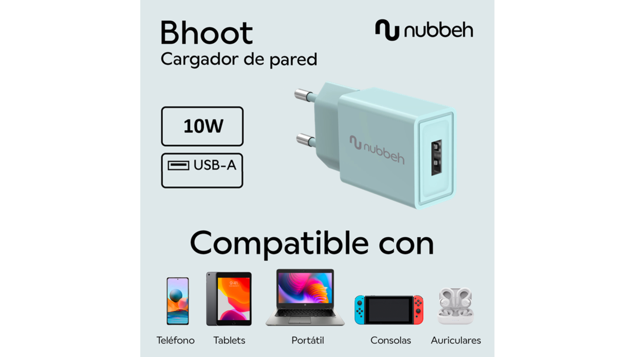 Cargador azul con texto e iconos: 10W, USB-A. Compatible con teléfonos, tabletas, portátiles, consolas y auriculares.
