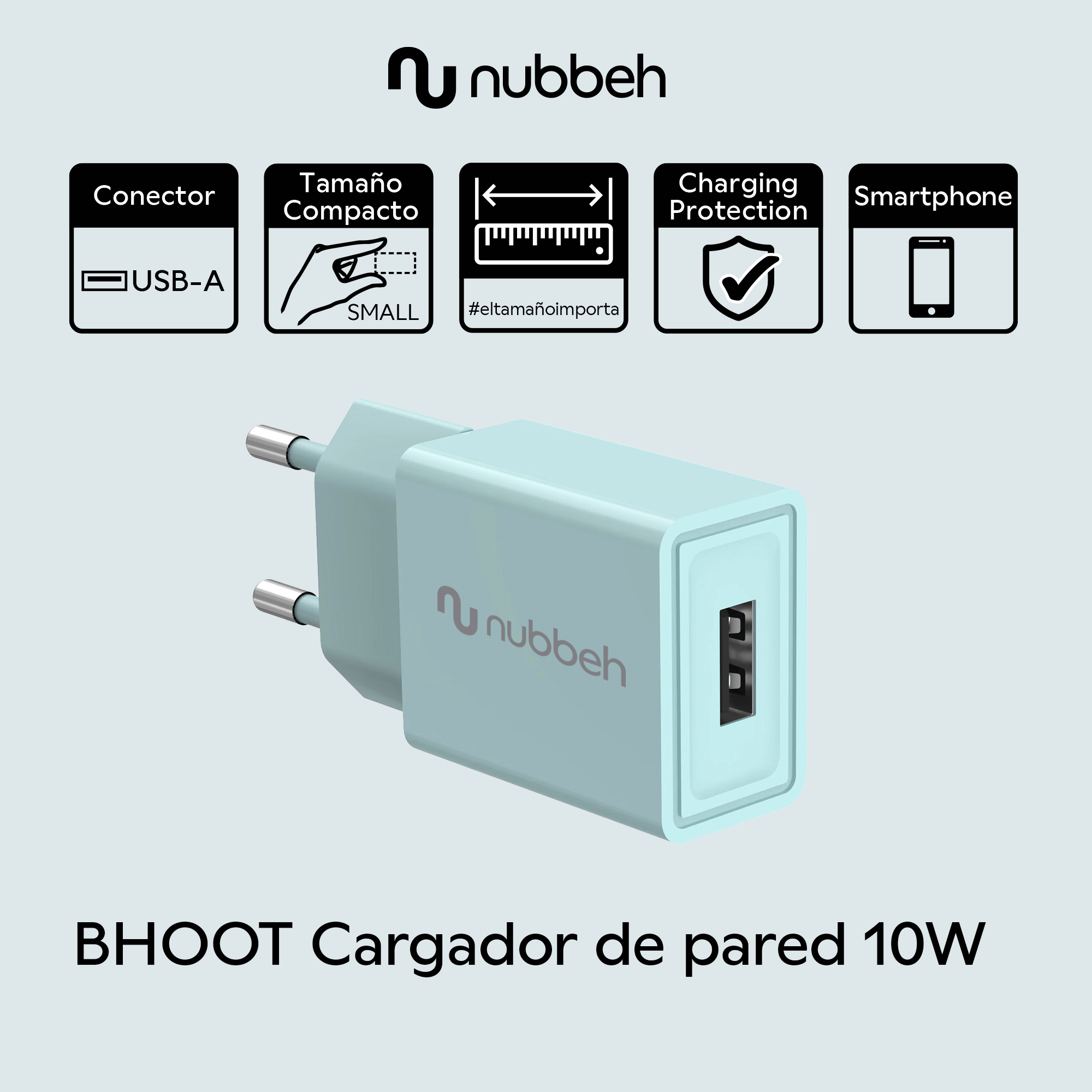 Cargador de pared azul con puerto USB-A. Texto: 'BHOOT Cargador de pared 10W'. Características: tamaño compacto, protección.