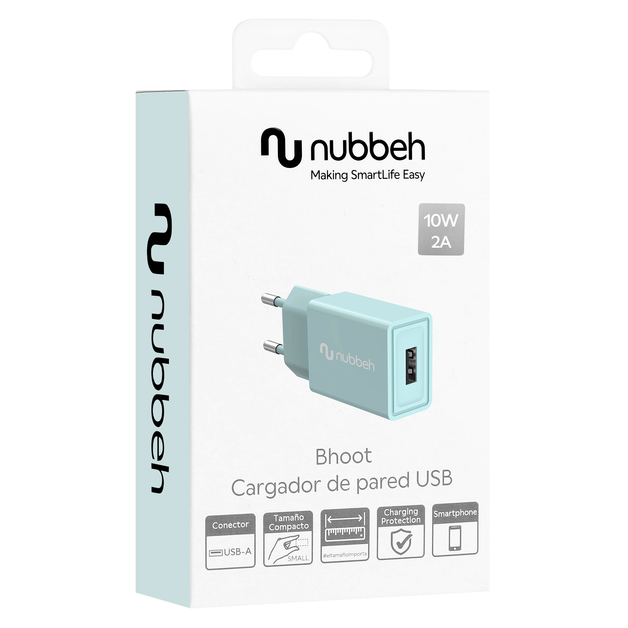 Cargador de pared Nubbeh, azul, con puerto USB, para cargar smartphones.