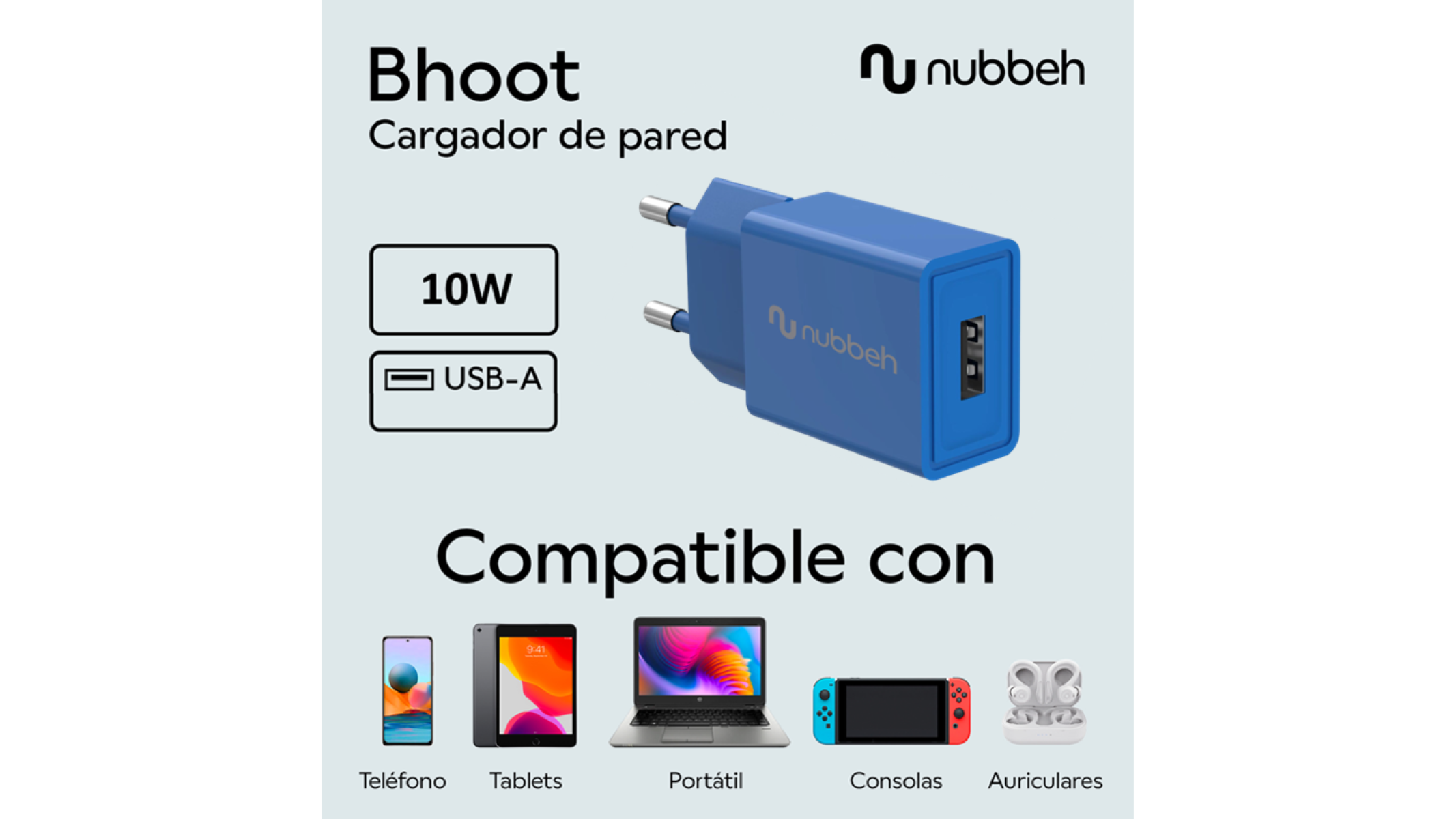 Cargador de pared azul con puerto USB-A, 10W, con etiquetas 'Bhoot' y 'nubbeh', e iconos de dispositivos.