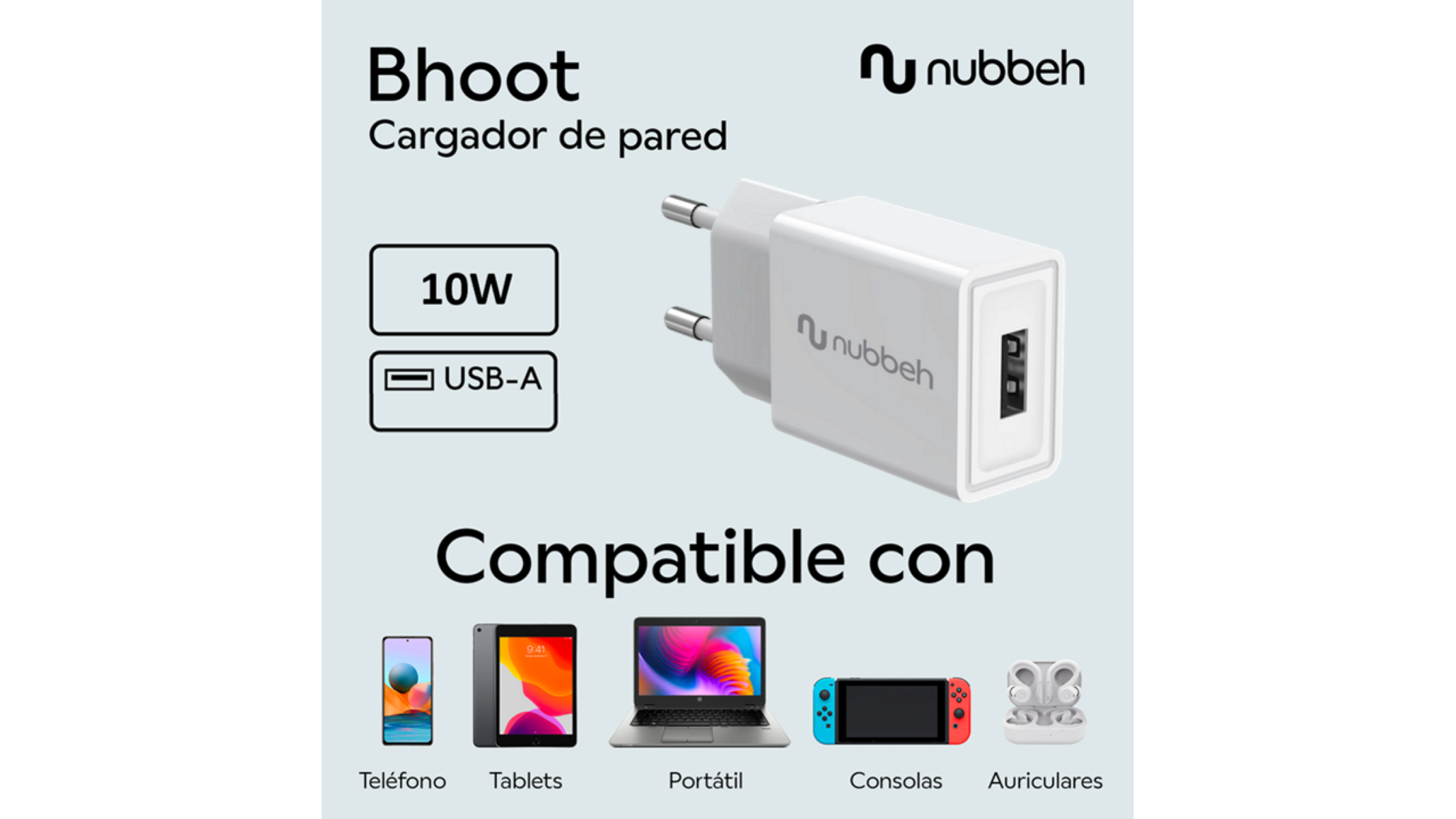 Una caja de cargador de pared USB Nubbeh blanca con iconos de compatibilidad de dispositivos.