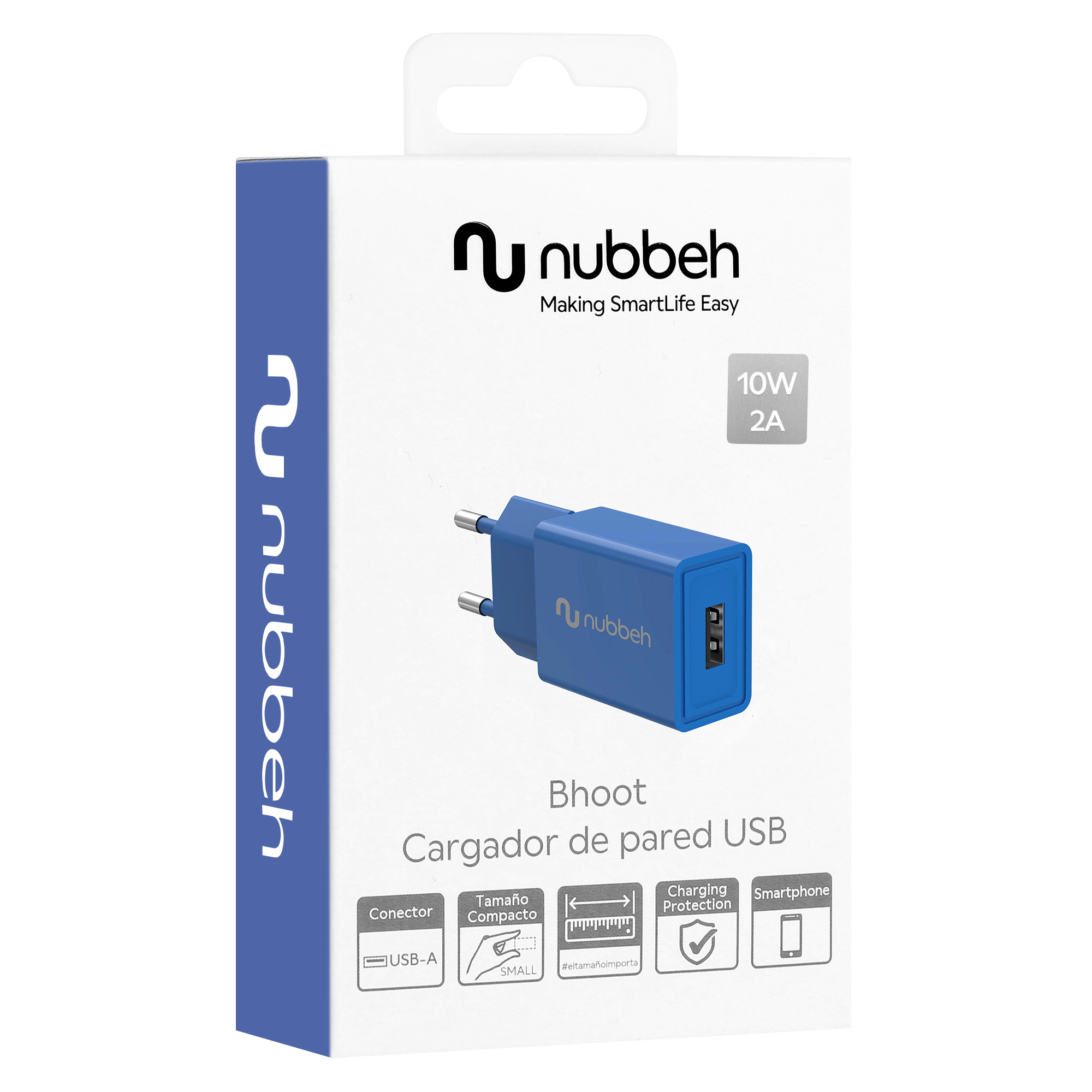 Un cargador de pared azul en una caja con detalles y logotipo de la marca sobre fondo blanco.
