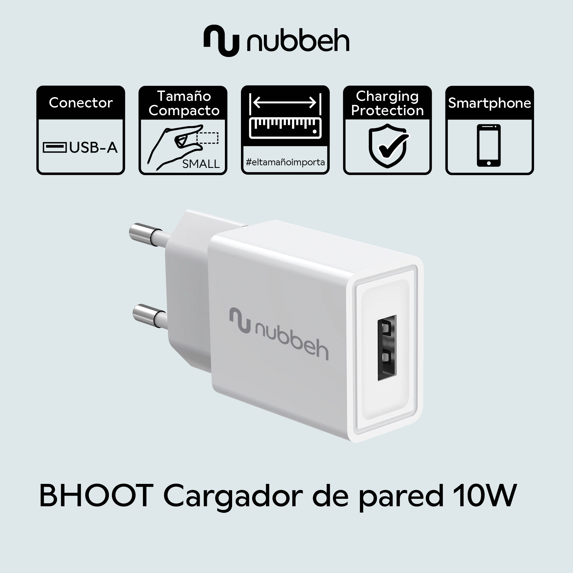 Un cargador Nubbeh blanco con puerto USB-A y enchufe.