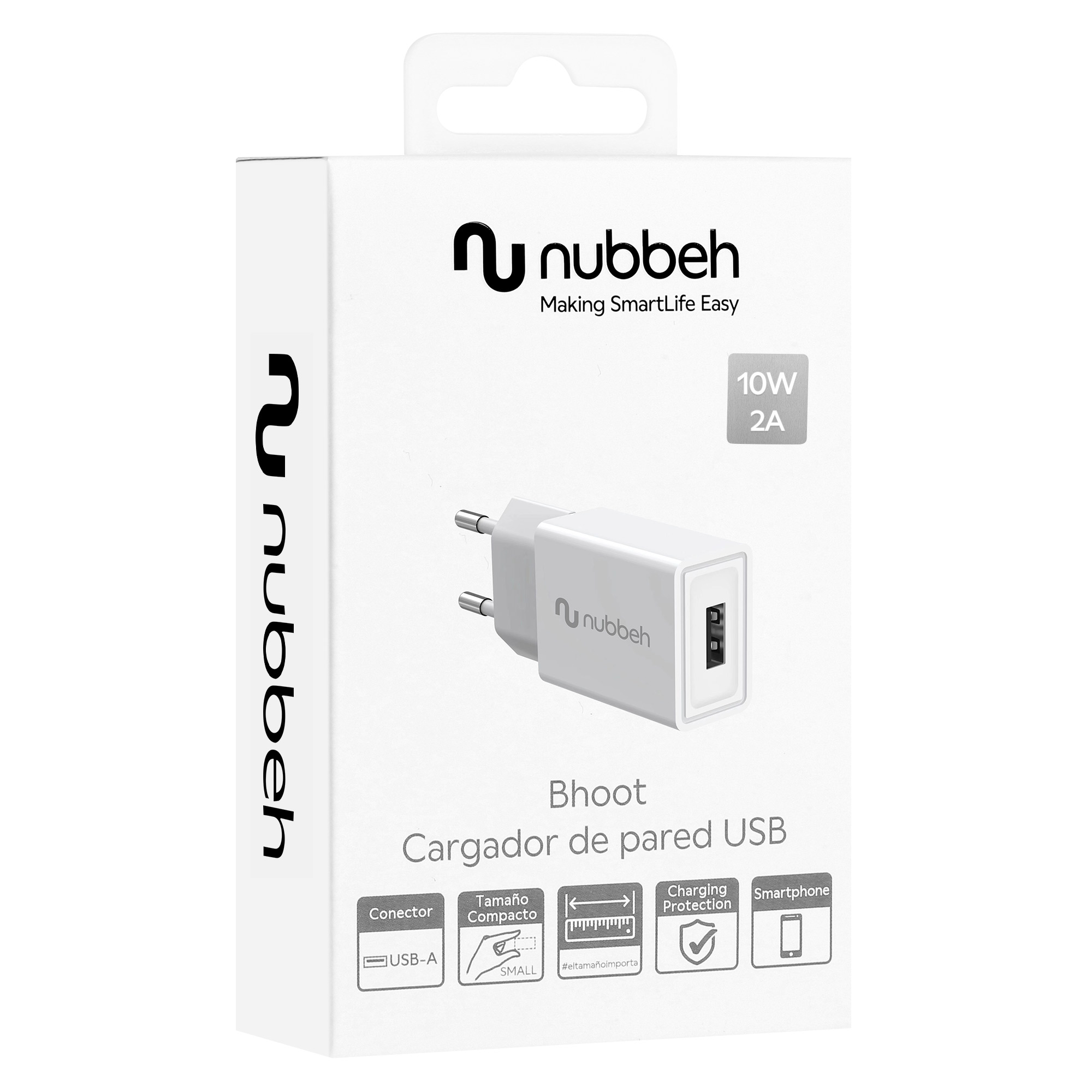 Cargador de pared USB blanco con puerto de carga, en embalaje. El cargador está etiquetado como "nubbeh" y "Bhoot".