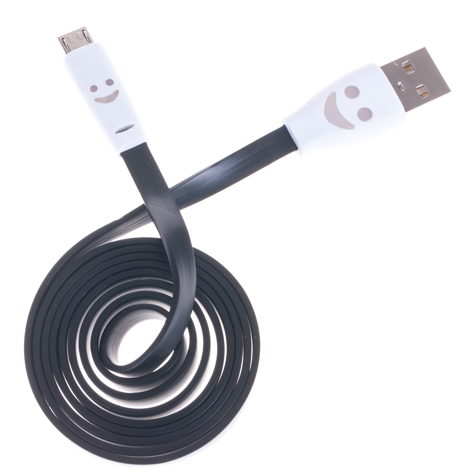Cavo USB nero con faccine sorridenti su entrambe le estremità. Cavo arrotolato su sfondo bianco.