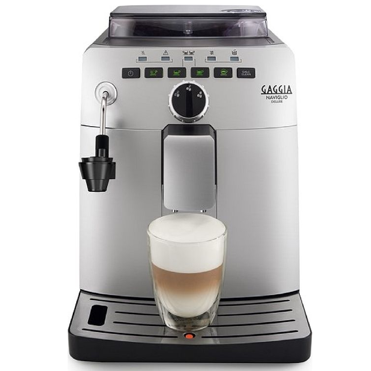 Ekspres do kawy Gaggia Naviglio Deluxe ze szklanką latte i przyciskami.