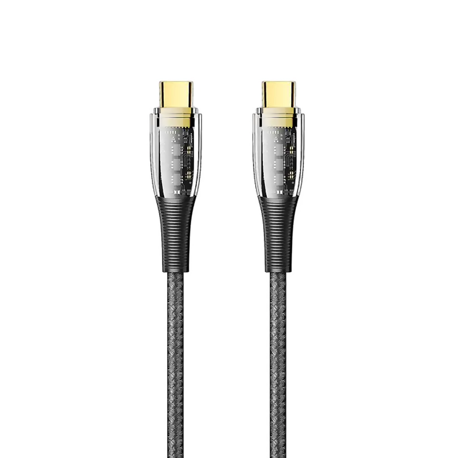 Zwei goldfarbene USB-C-Kabel nebeneinander, mit einem transparenten, strukturierten Stecker.