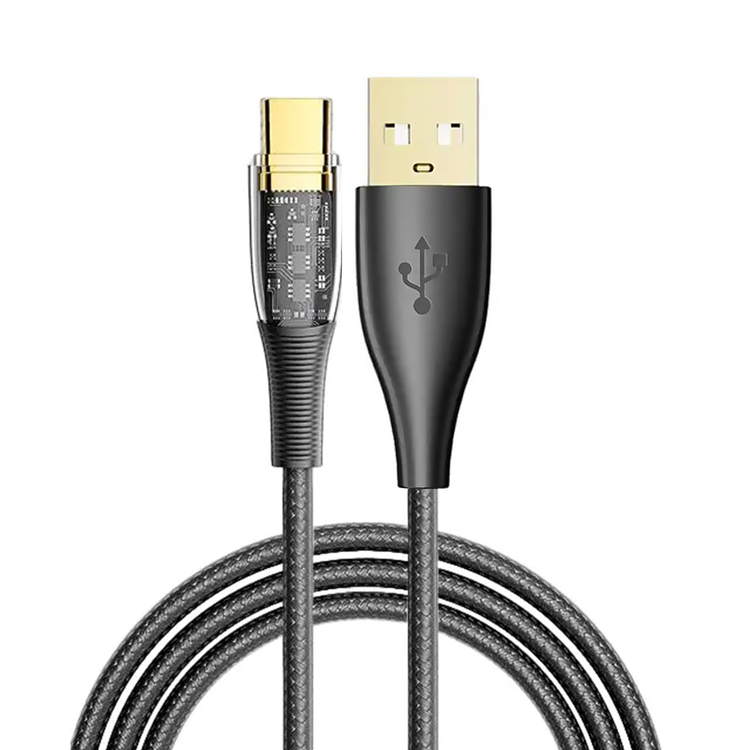 Cavo USB a USB-C nero e oro con un rivestimento esterno protettivo intrecciato.