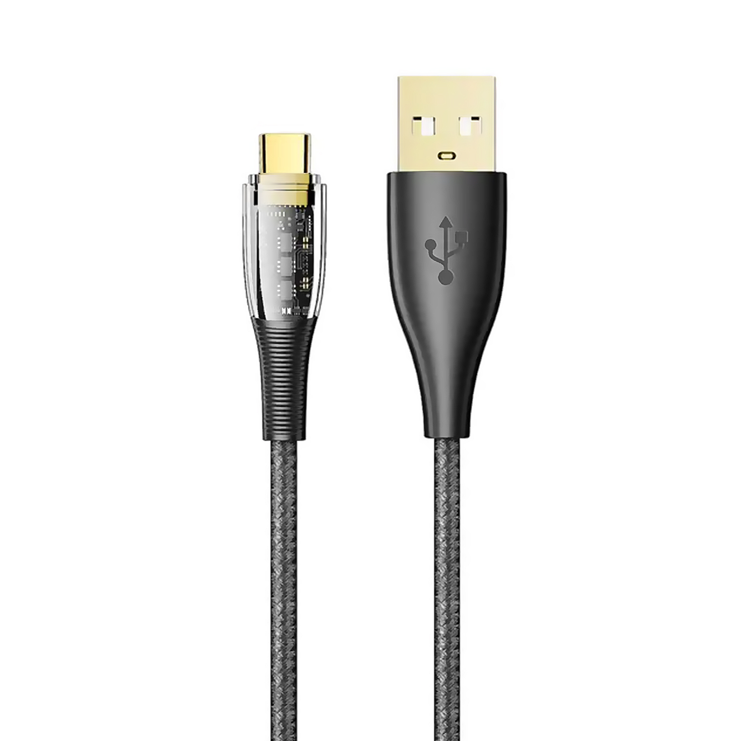 Un cavo USB con connettori USB-A e USB-C. Il cavo è nero e grigio.