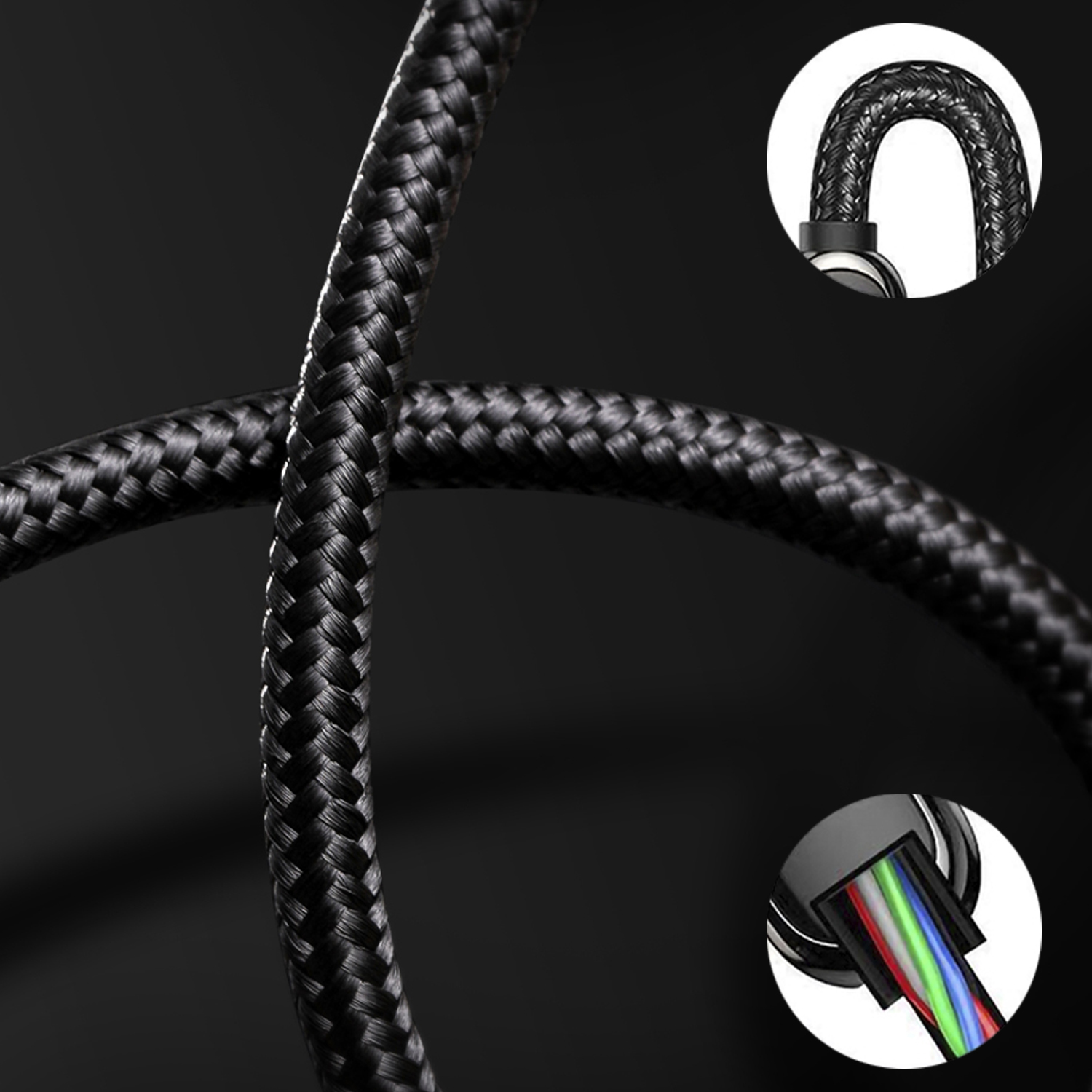 Geflochtenes schwarzes Kabel. Nahaufnahme des Kabelgeflechts und der Innenleiter. Rote, grüne und blaue Drähte sind sichtbar.