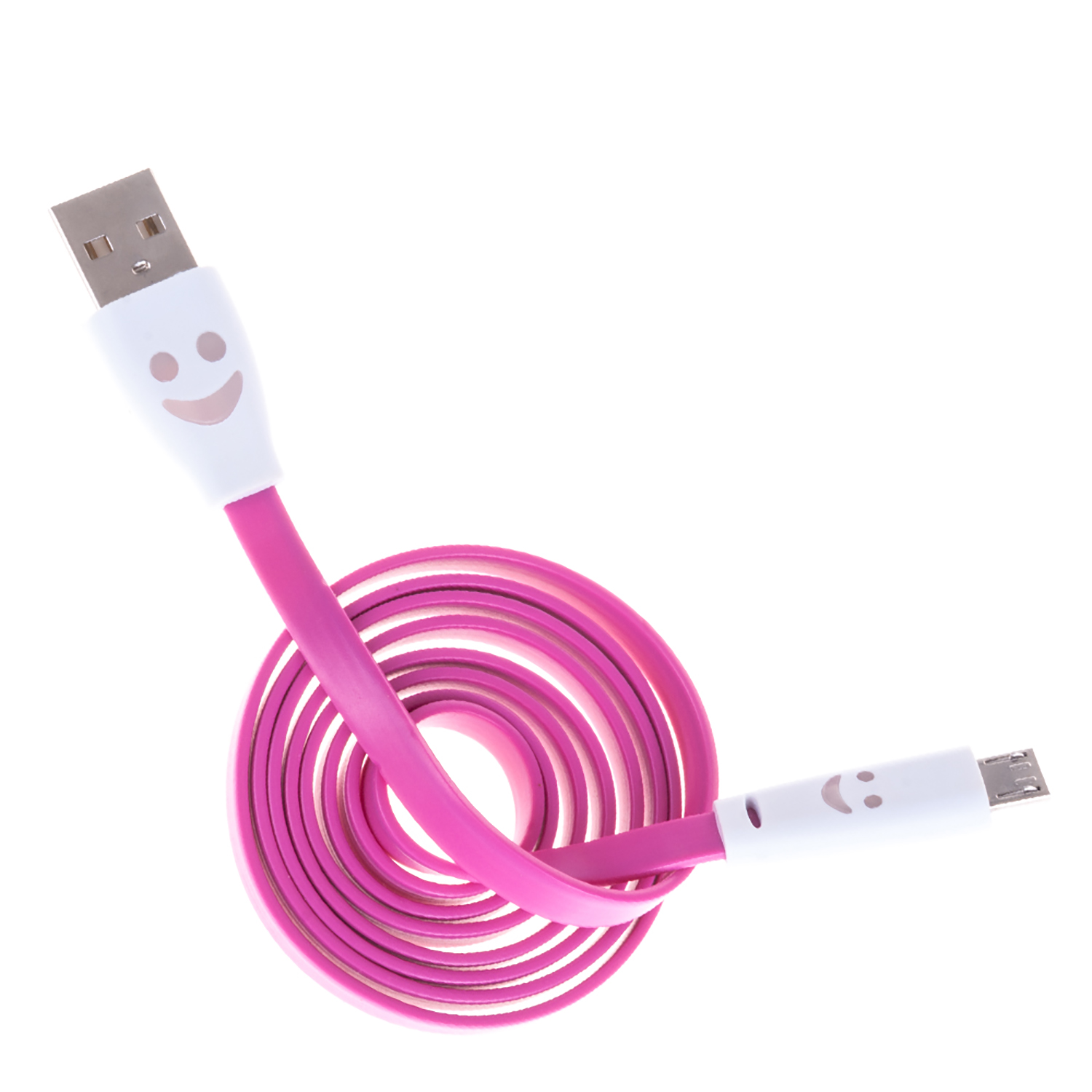 Cavo USB rosa e bianco, arrotolato con una faccina sorridente su ciascuna estremità. Sfondo bianco.