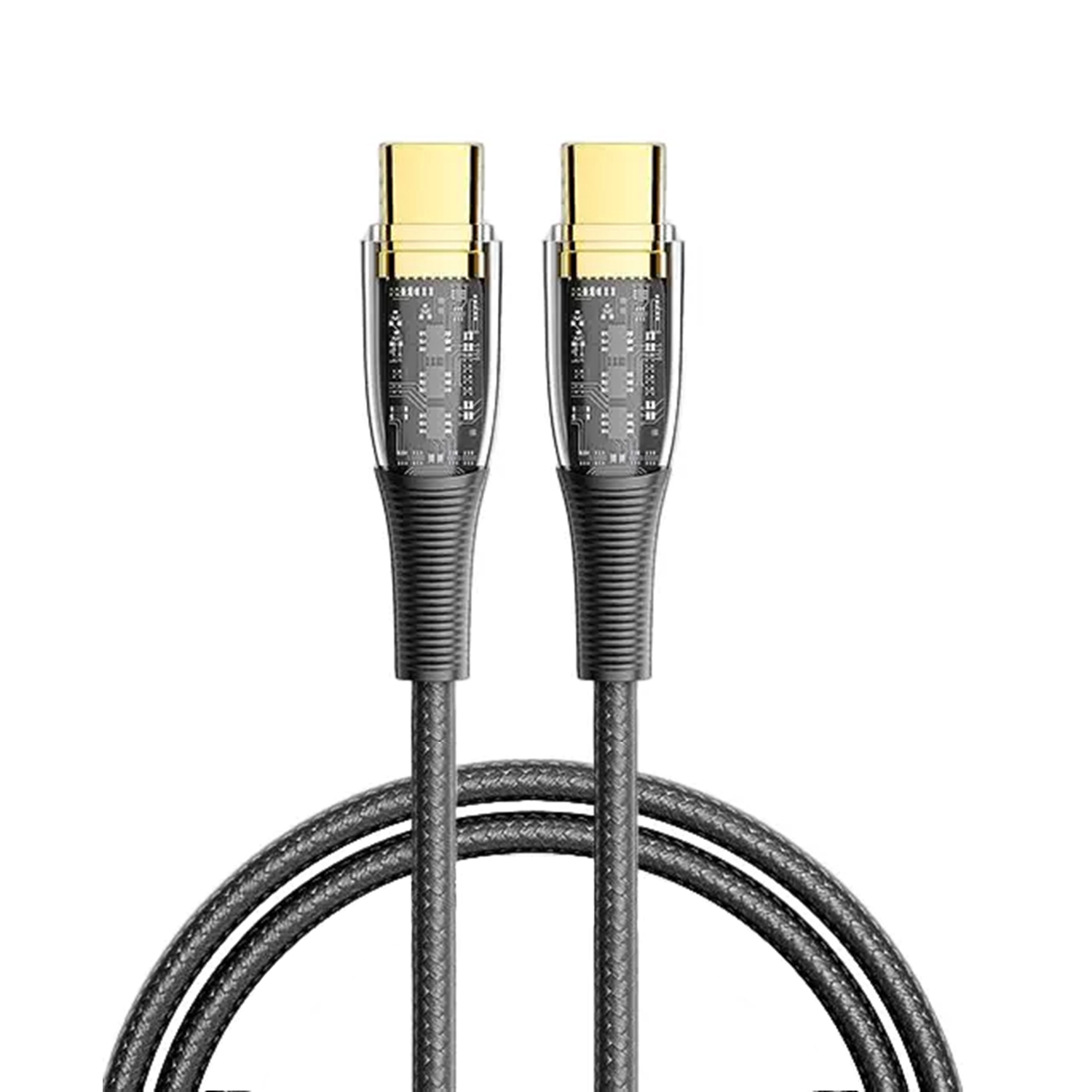 Zwei USB-C-Kabel, goldfarbene Stecker, umwickelt von einem strukturierten schwarzen Kabel, vor weißem Hintergrund.