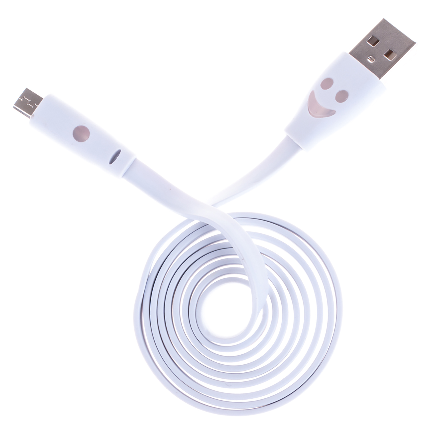 Cable USB blanco. El cable está enrollado. Una carita sonriente está en un extremo. El fondo es blanco.