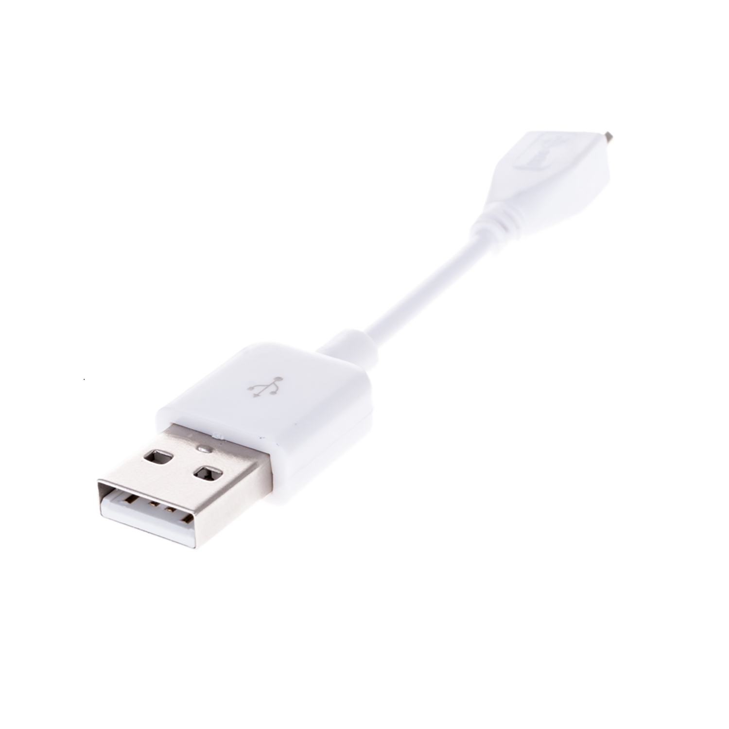 Cable USB a micro USB blanco. El extremo USB es rectangular y el micro USB es más pequeño.