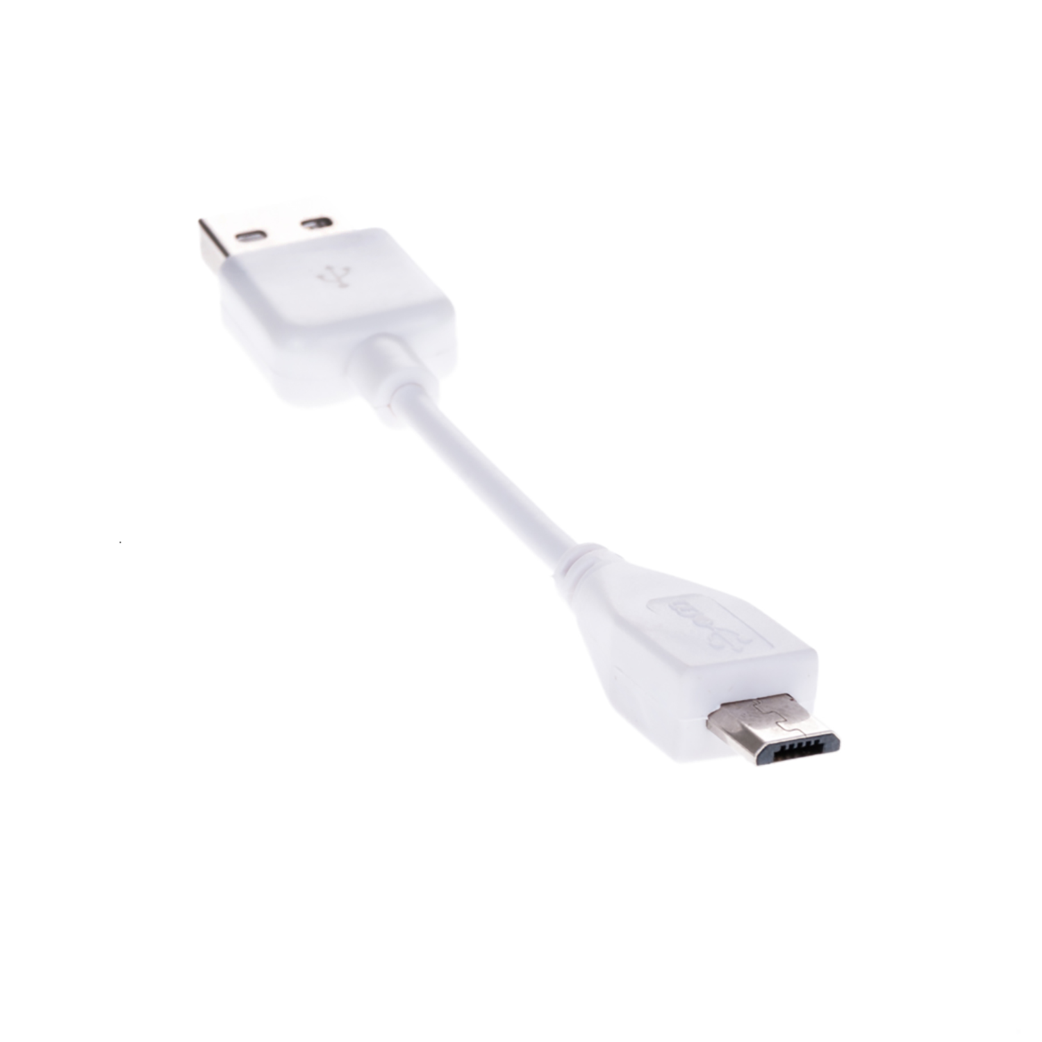 Cable adaptador USB a micro USB blanco sobre fondo blanco. Dos conectores son visibles.