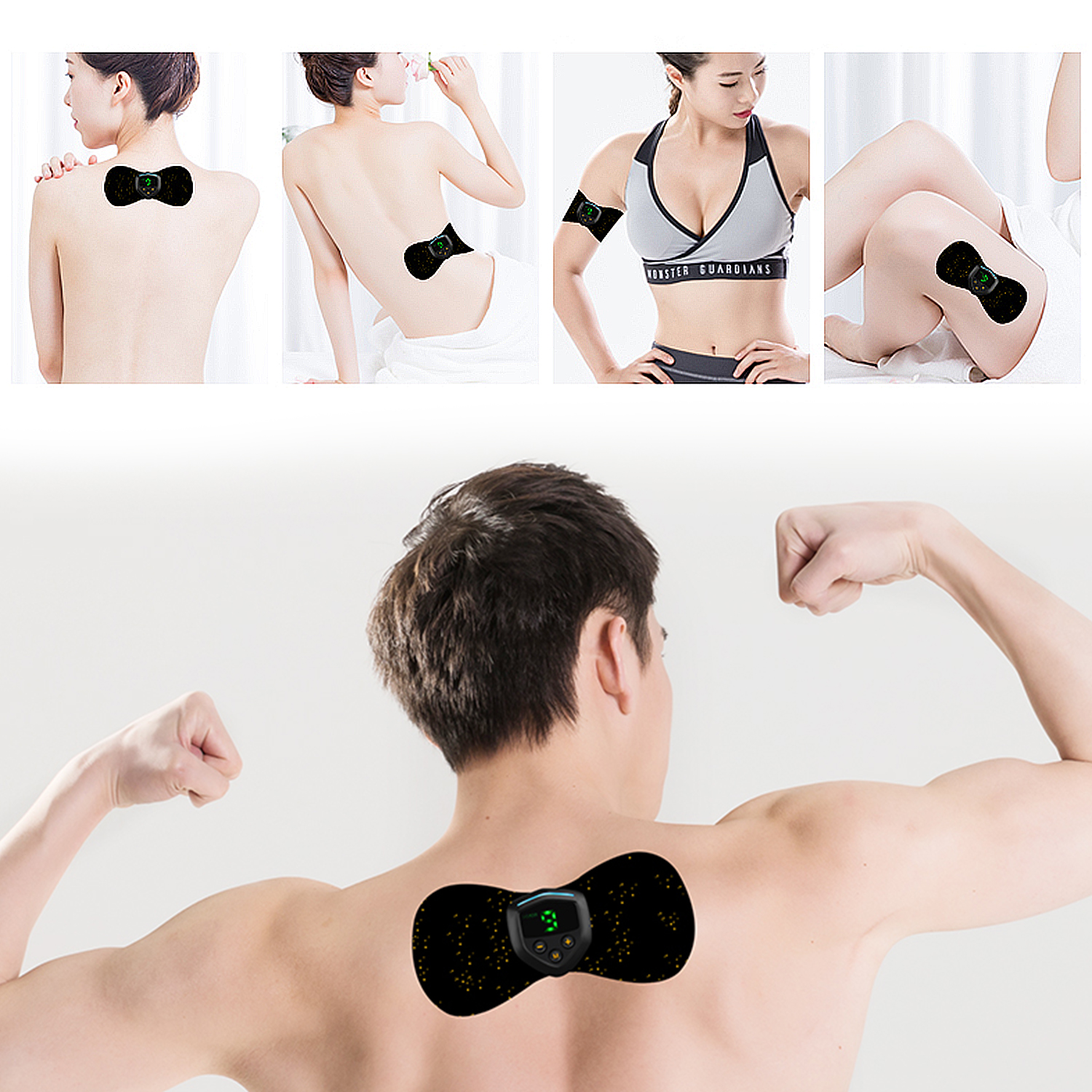 Múltiples vistas de personas con almohadillas negras en sus cuerpos. Almohadillas para aliviar el dolor.