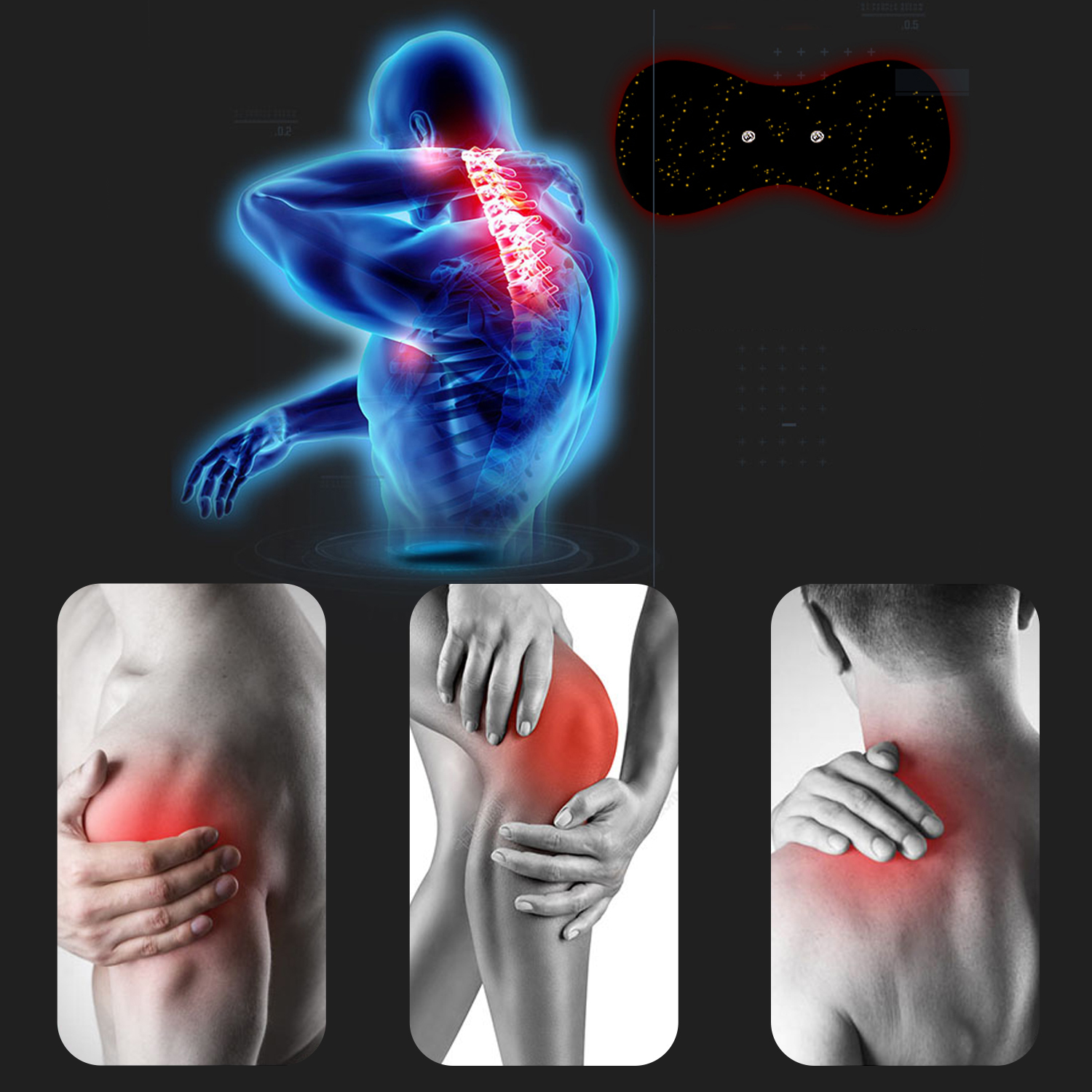 Ilustración del cuerpo humano con áreas de dolor resaltadas: espalda, rodilla y hombro.
