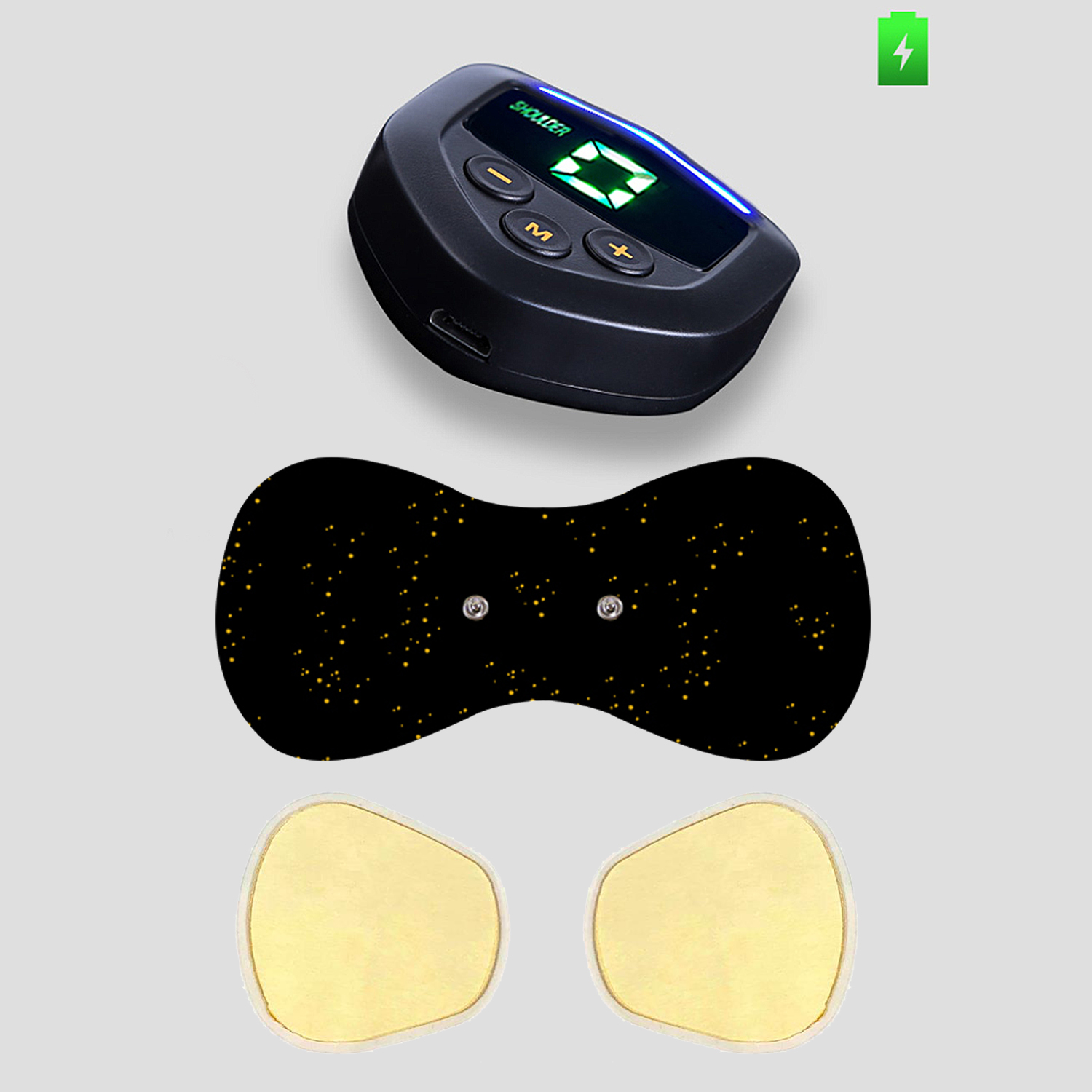 Estimulador muscular electrónico negro con almohadillas. El estimulador y las almohadillas son negros y dorados.