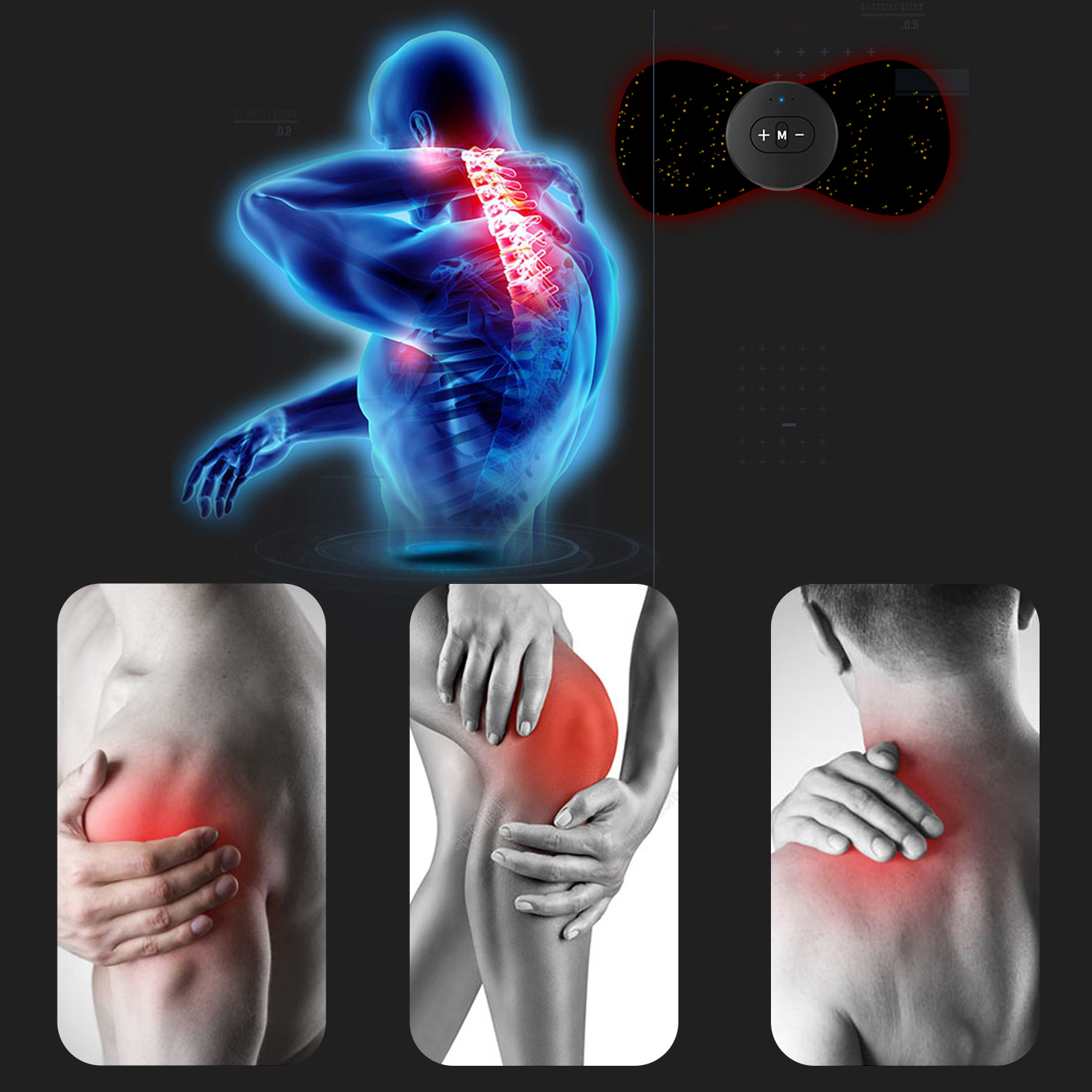 Diagrama mostrando áreas de dolor: espalda, hombro, rodilla y cadera. Dispositivo para aliviar el dolor.