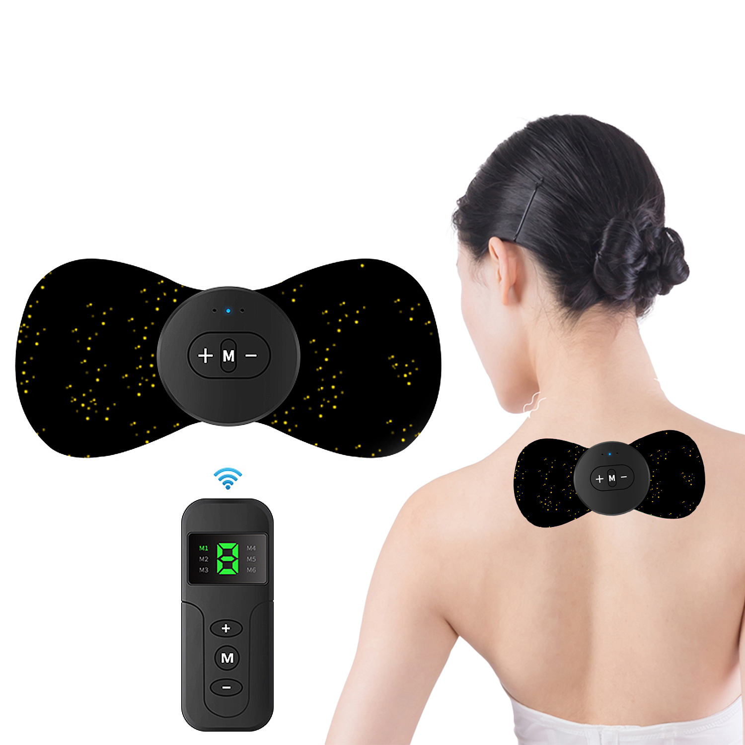 Espalda de mujer con dos almohadillas negras para estimulación muscular eléctrica (EMS). Mando a distancia con botones y pantalla.