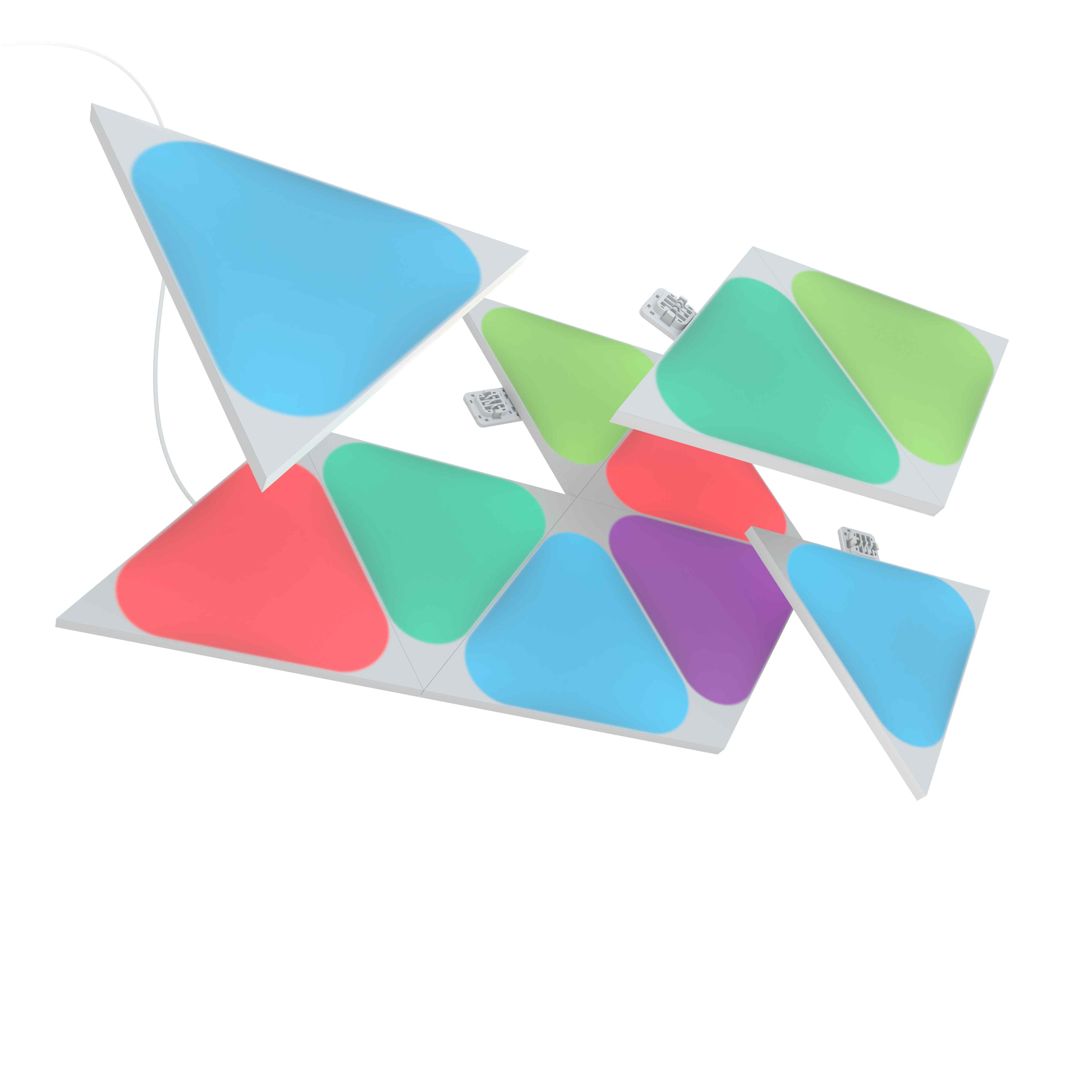 Pannelli luminosi LED triangolari in vari colori, disposti su sfondo bianco.